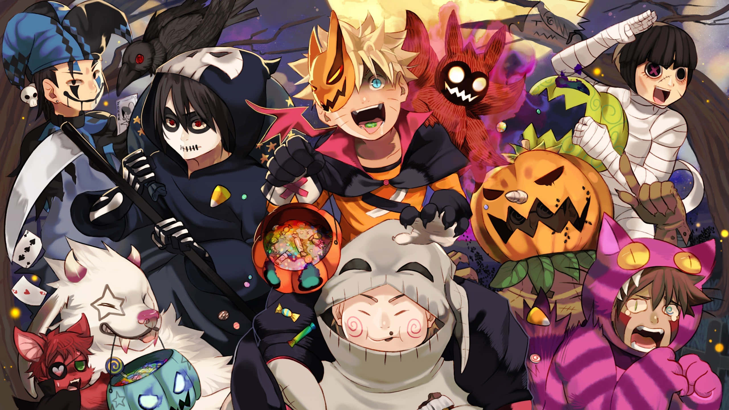 Anime Halloween Celebration, Halloween costumes, glowing jack-o-lantern, 2K Desktop Wallpaper