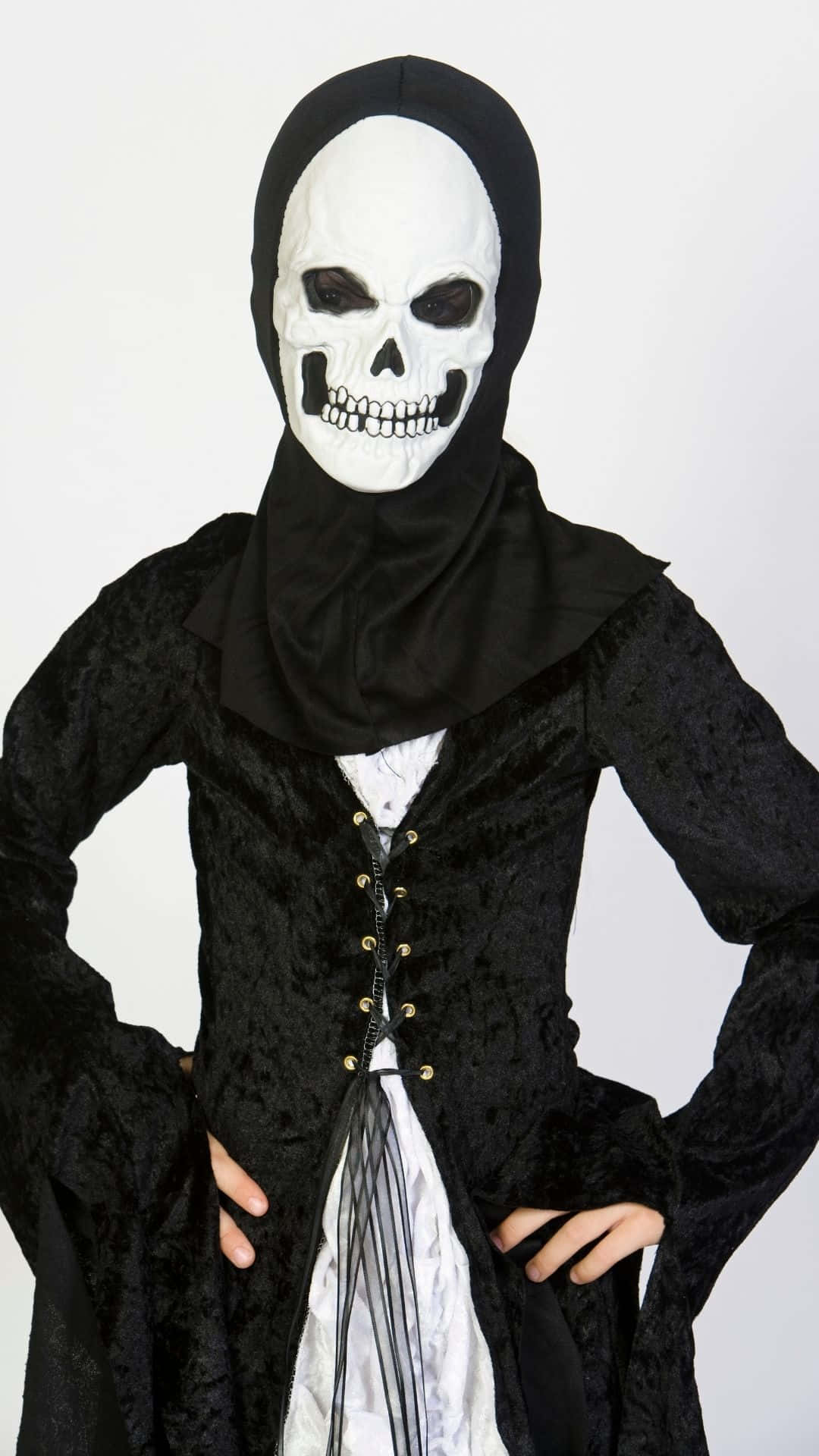 skeleton costumes, black hooded costume, white skull mask, Full HD Phone Wallpaper