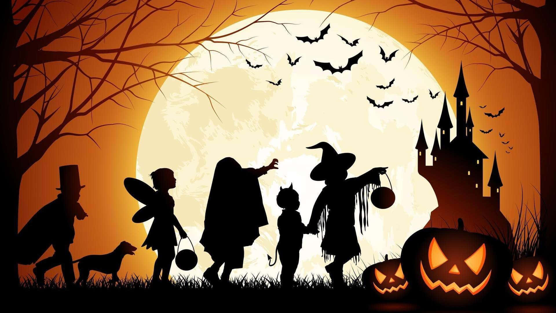 Halloween Silhouette Parade, silhouetted children, Halloween costumes, Full HD Desktop Wallpaper