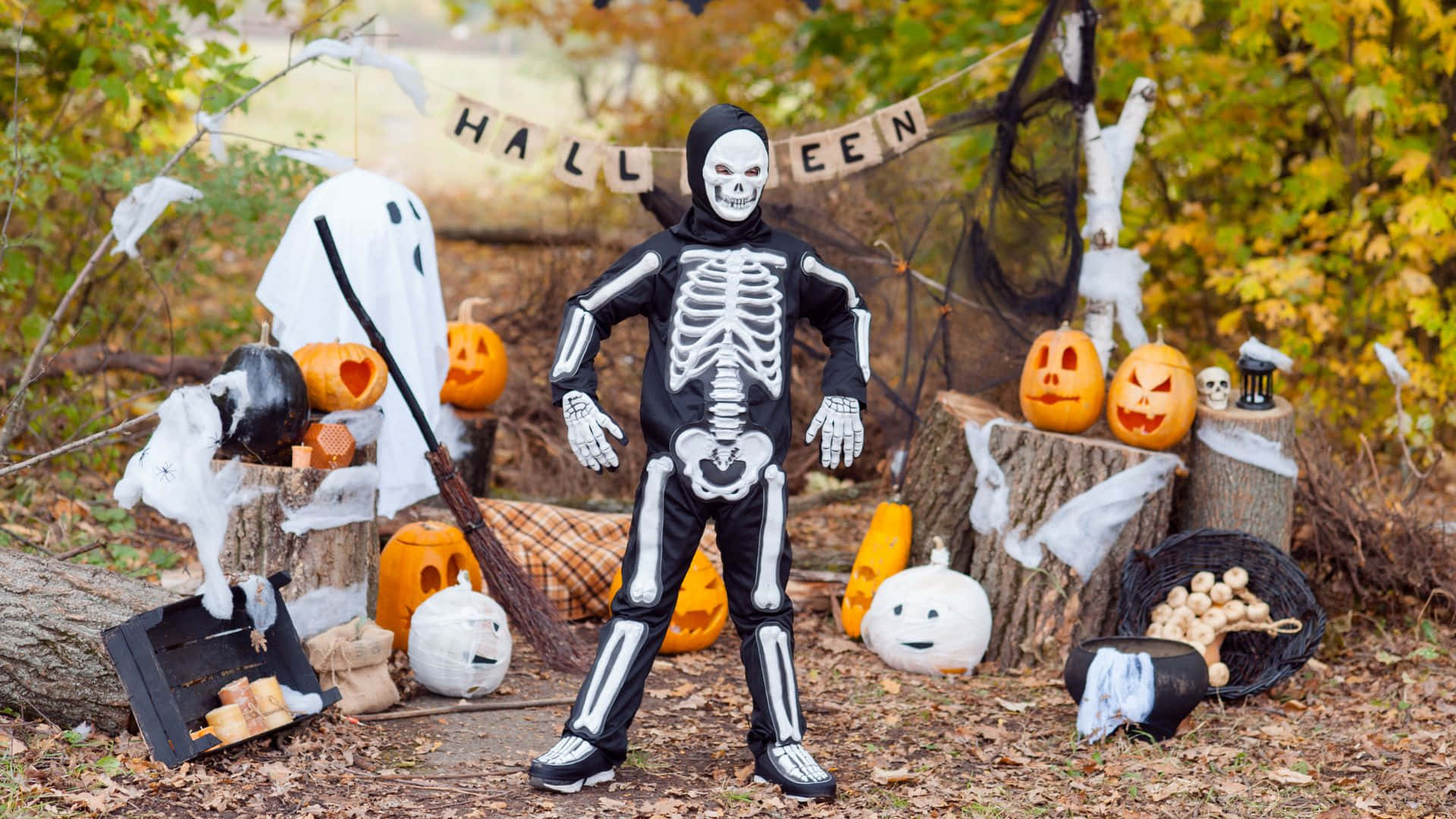 skeleton costume, carved pumpkins, ghosts, Full HD Desktop Wallpaper