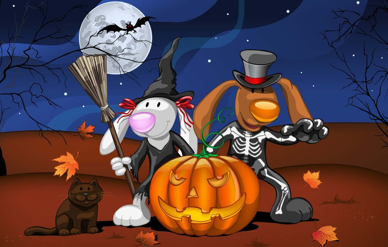 skeleton costume, cartoon rabbits, witch, HD Desktop Wallpaper