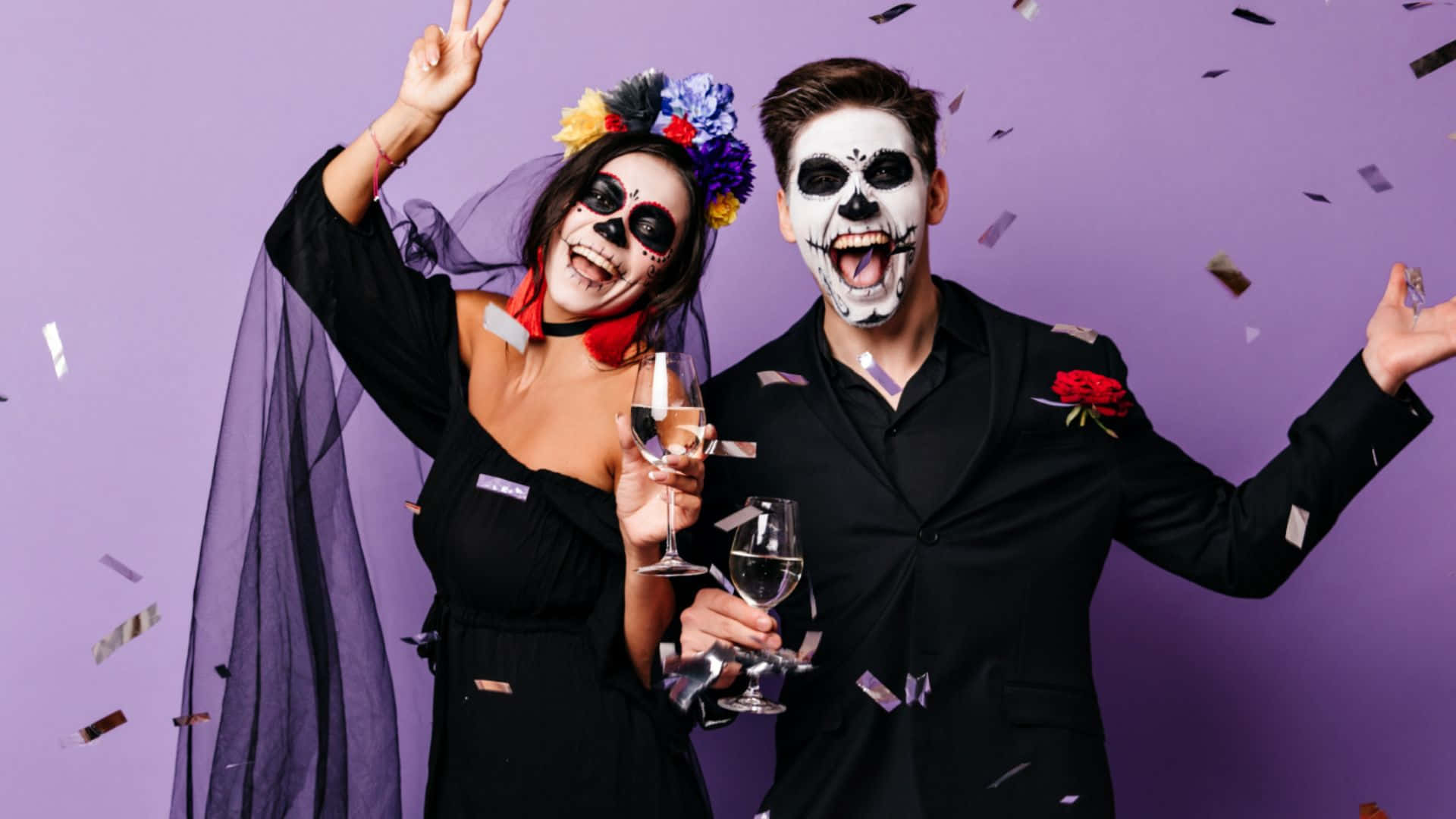 sugar skull makeup, purple backdrop, confetti, Full HD Desktop Wallpaper