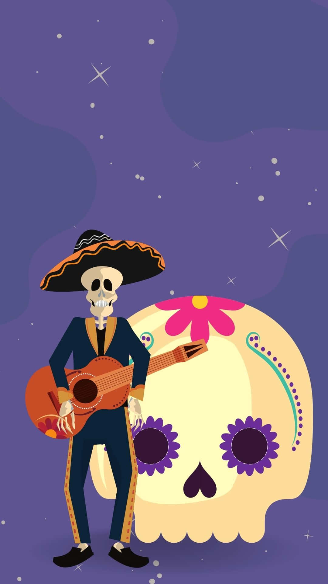 skeleton musician, sombrero, guitar, Full HD Phone Wallpaper