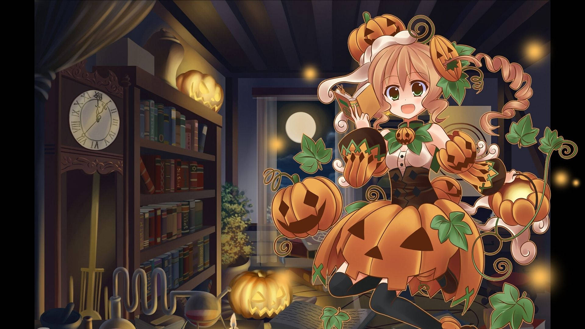pumpkin dress, anime girl, cozy candlelit library, Full HD Desktop Wallpaper
