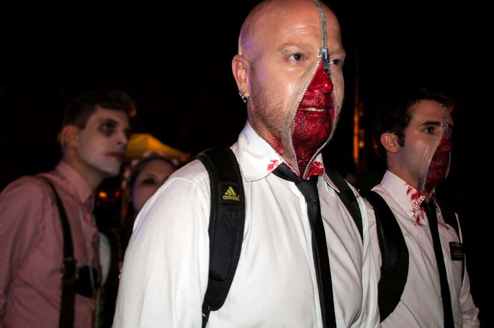 white shirt and tie, face split open with a zipper, red flesh and blood, HD Desktop Wallpaper