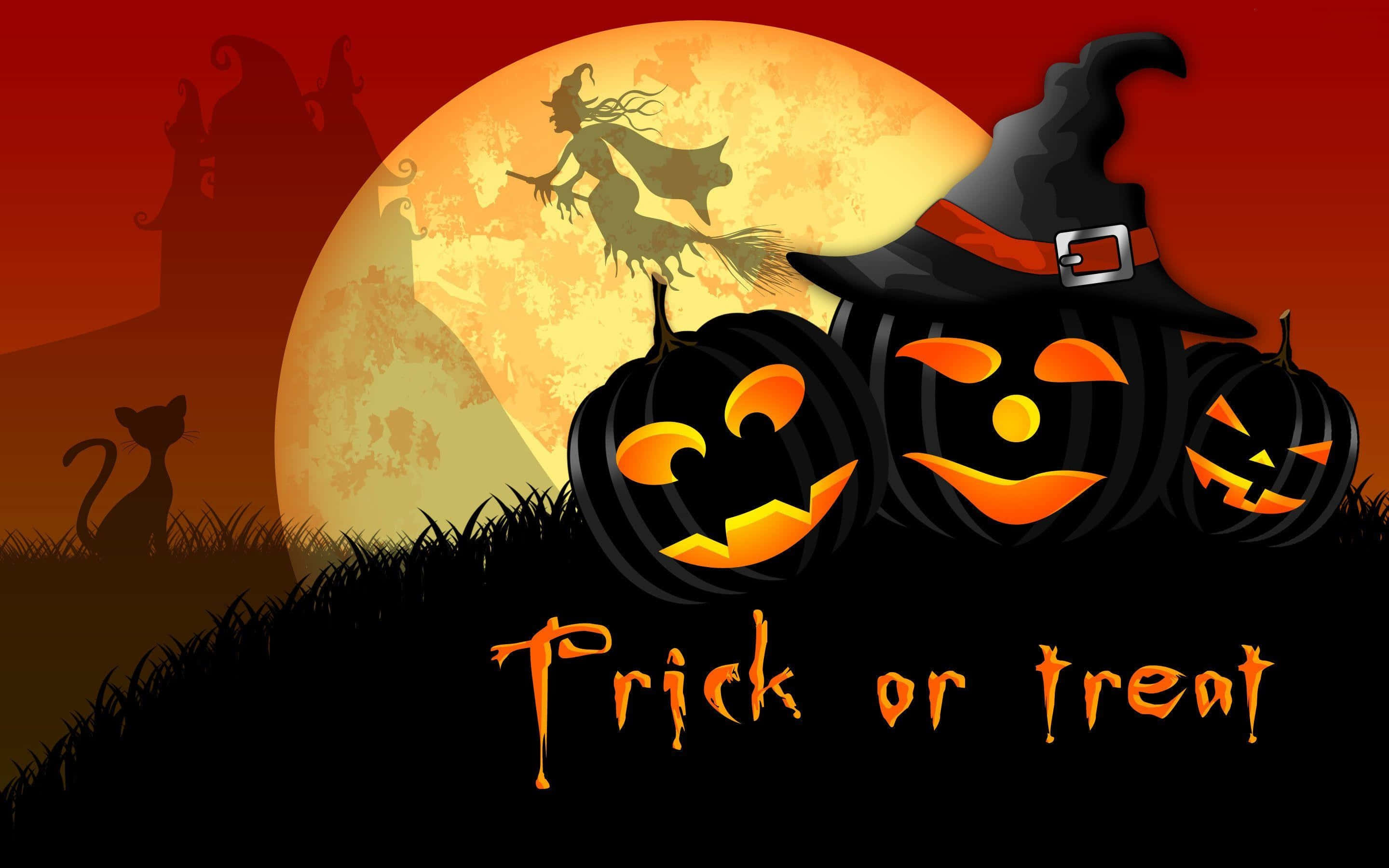 jack-o-lanterns, witch hat, flying witch silhouette, 2K Desktop Wallpaper
