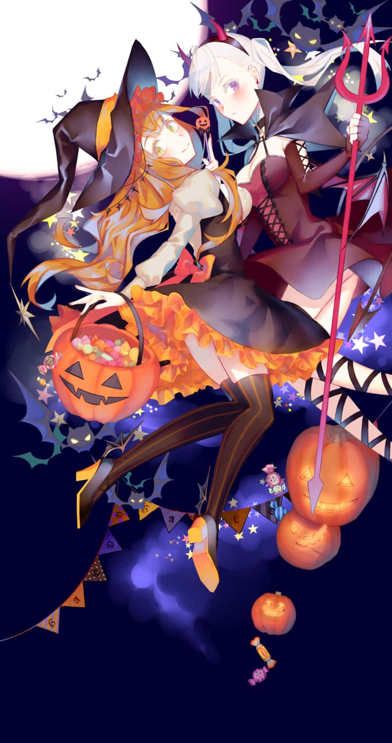 Halloween costumes, anime-style girls, glowing pumpkins, HD Phone Wallpaper