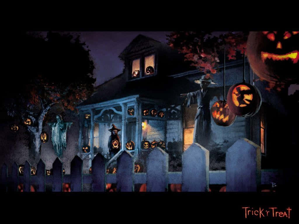 Halloween, haunted house, glowing jack-o-lanterns, SD Desktop Wallpaper