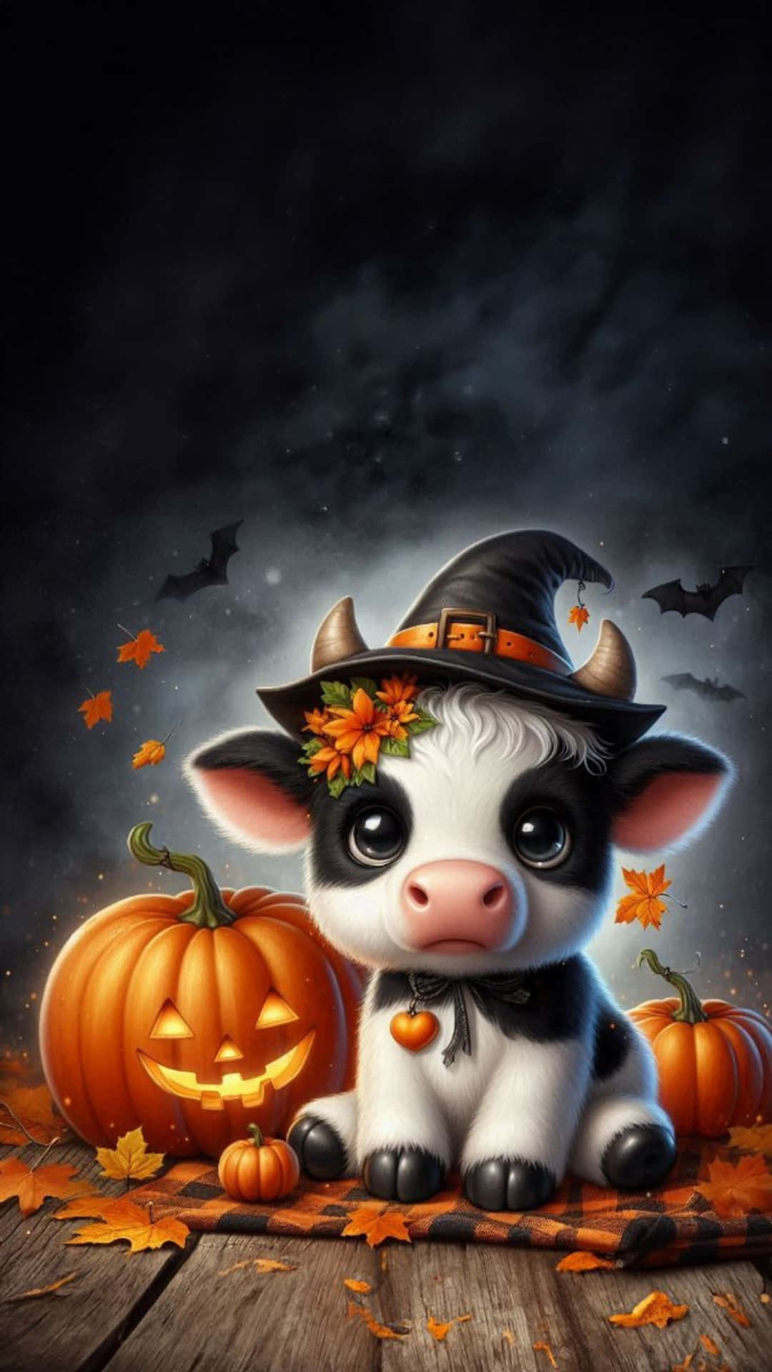 Halloween Cow, witch hat, jack-o-lanterns, Full HD Phone Wallpaper