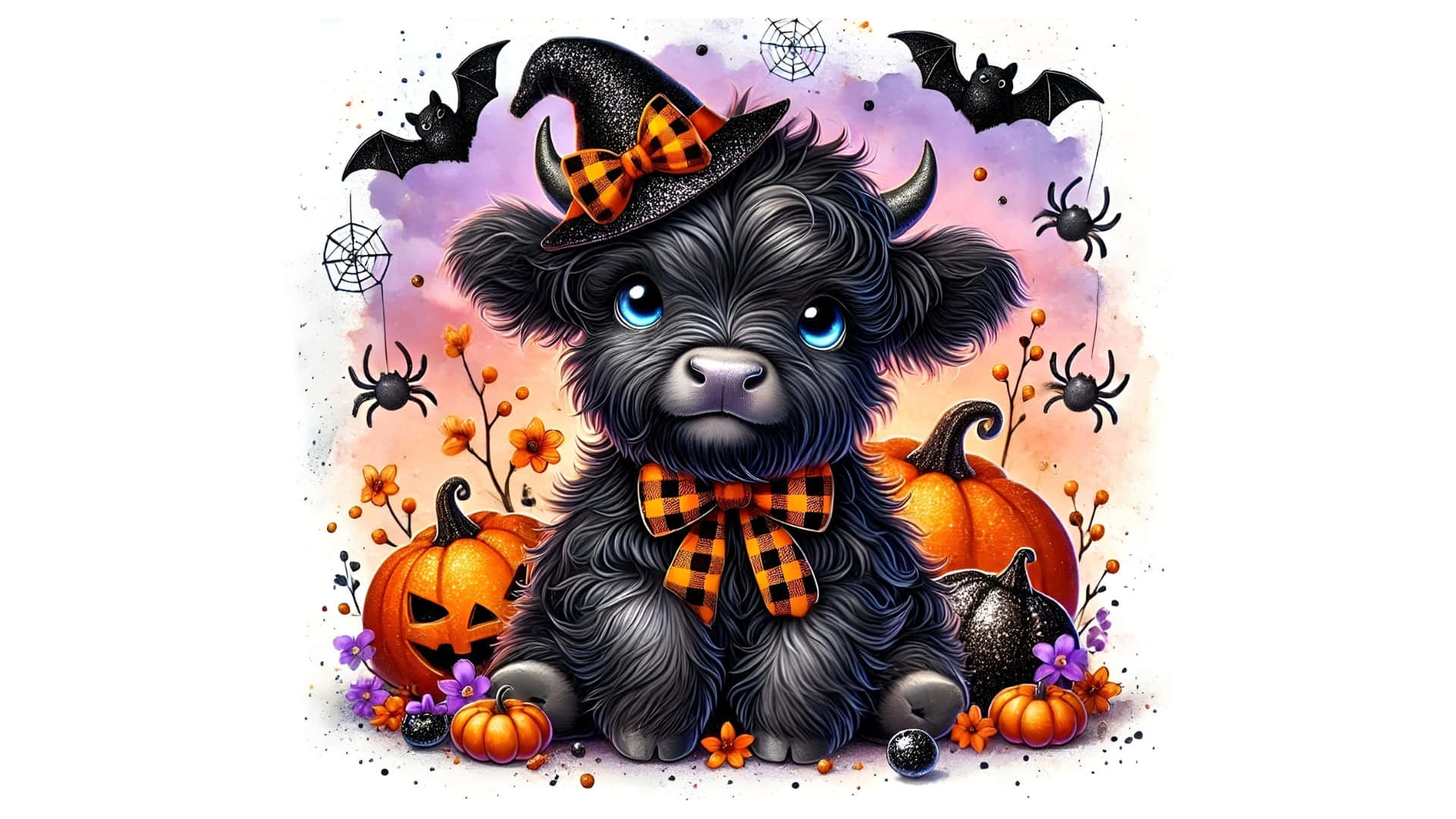 Halloween Cow, witch hat, blue eyes, Full HD Desktop Wallpaper