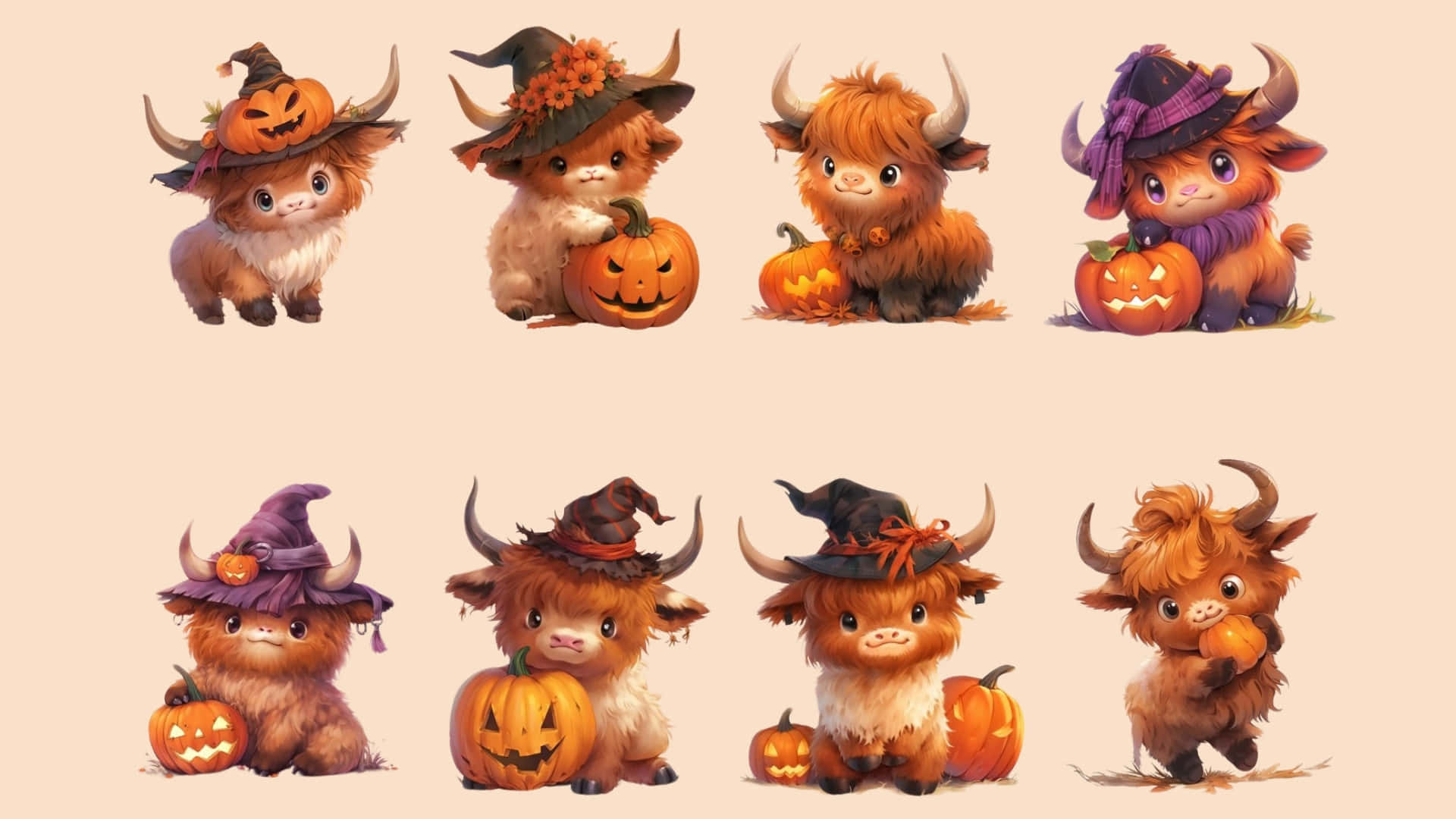 Halloween Cow, witch hats, pumpkins, Full HD Desktop Wallpaper