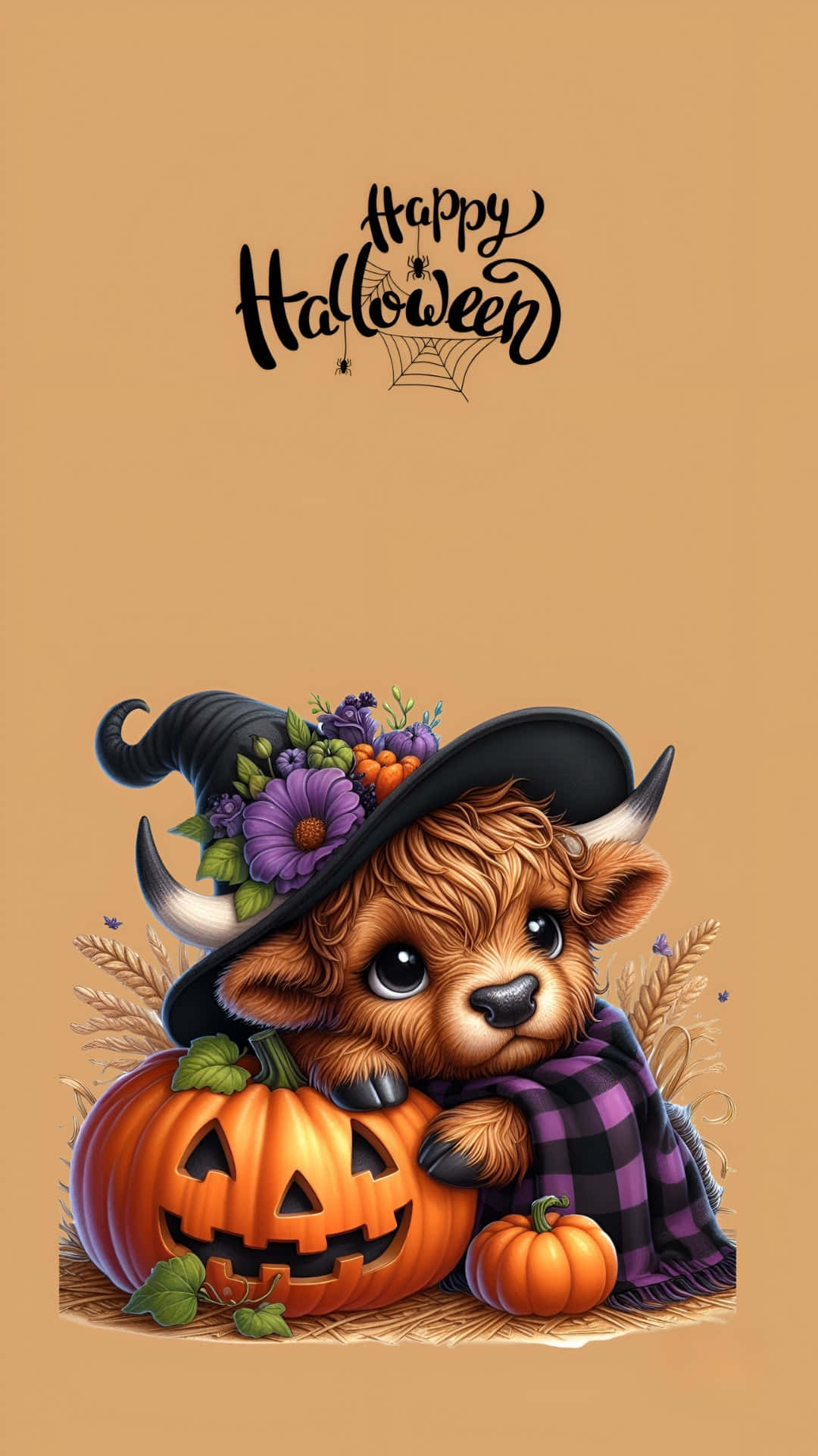 Halloween Cow, witch hat, purple flowers, Full HD Phone Wallpaper