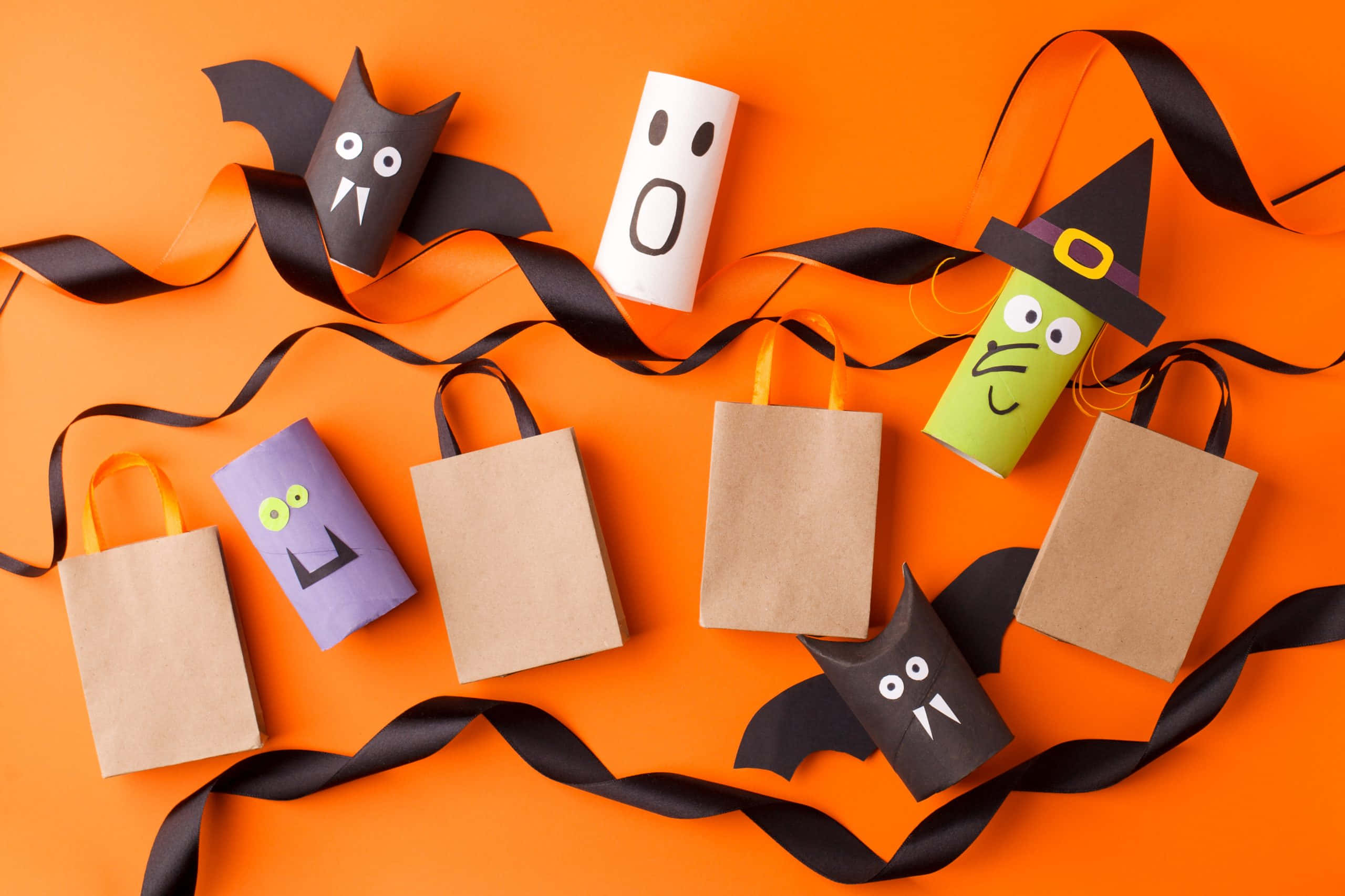 Halloween Crafts, paper bags, bat ghost witch faces, 2K Desktop Wallpaper