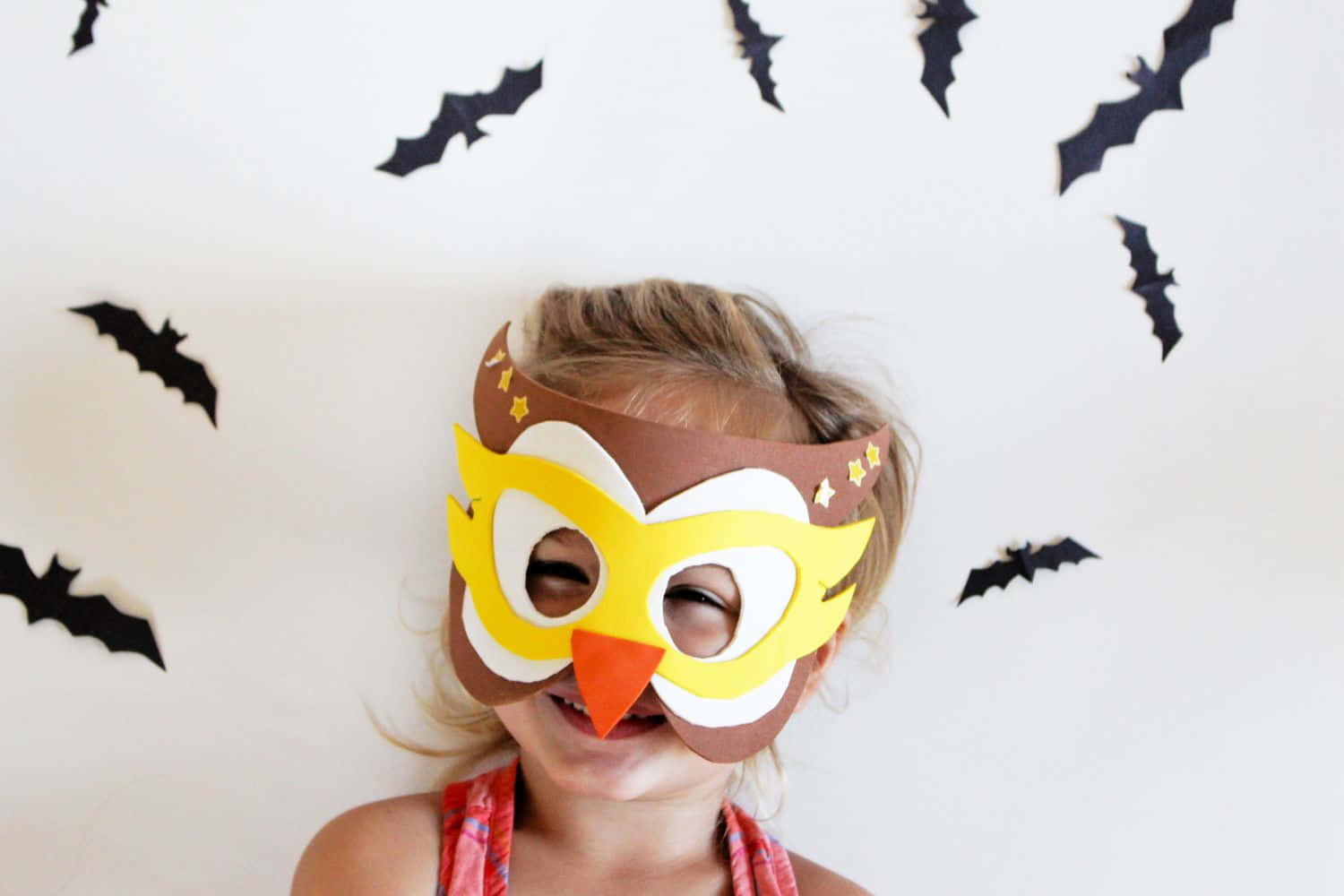 Halloween crafts, yellow owl mask, black paper bats, HD Desktop Wallpaper