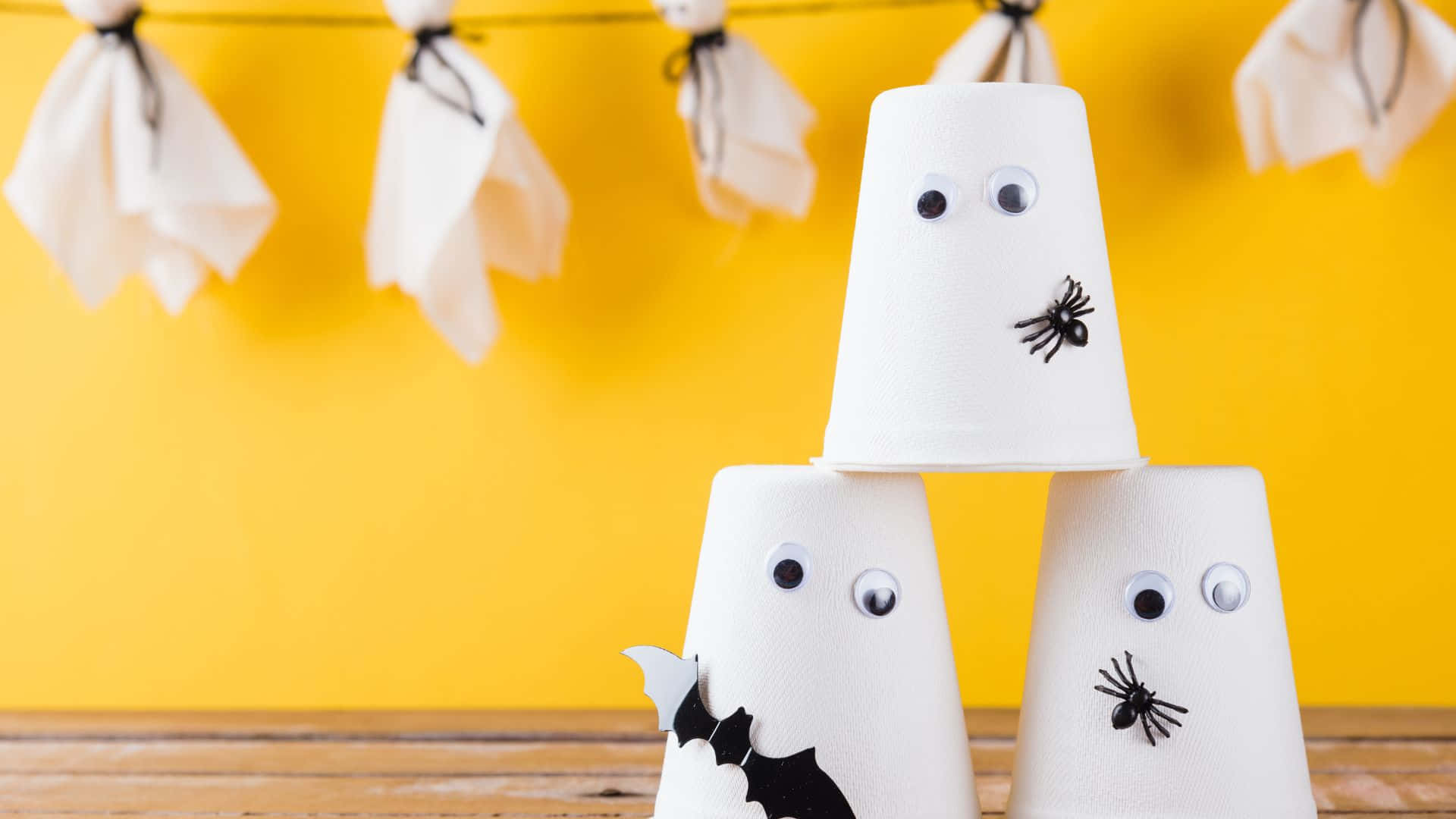 white cup ghosts, googly eyes, spider decorations, Full HD Desktop Wallpaper