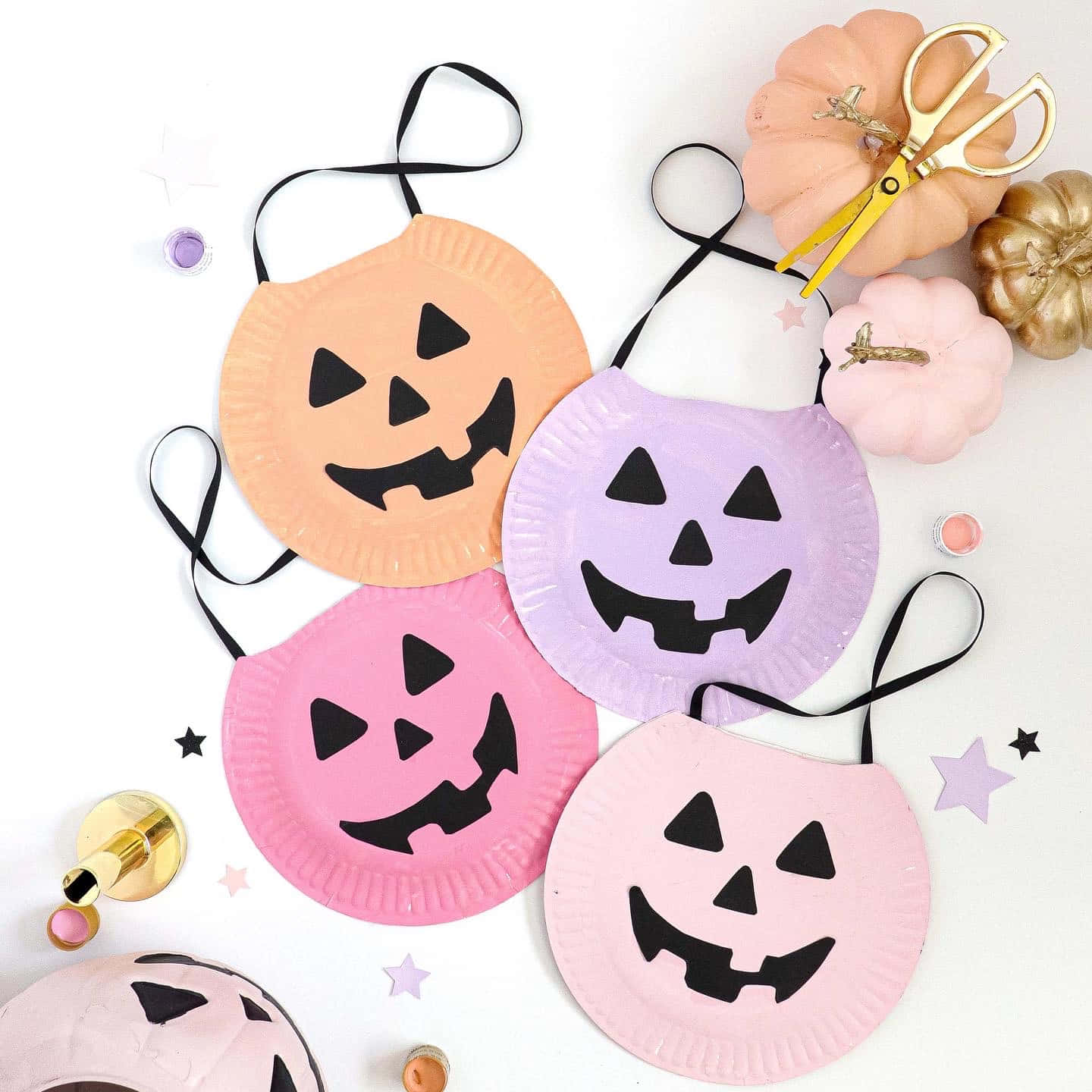 paper plate jack-o'-lantern masks, pastel-colored, black triangular eyes, HD Desktop Wallpaper
