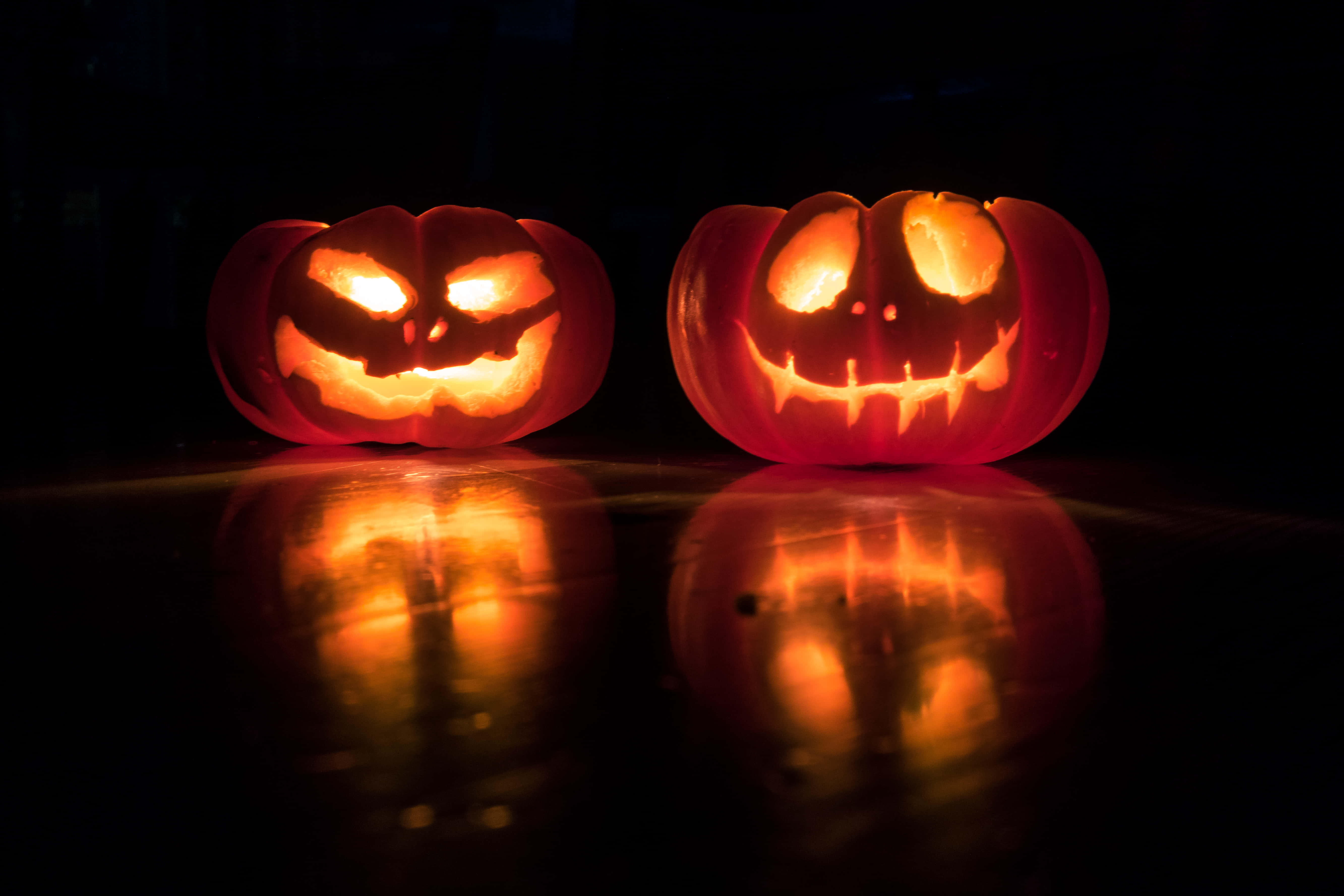 jack-o'-lanterns, menacing faces, cheerful faces, 5K Desktop Wallpaper