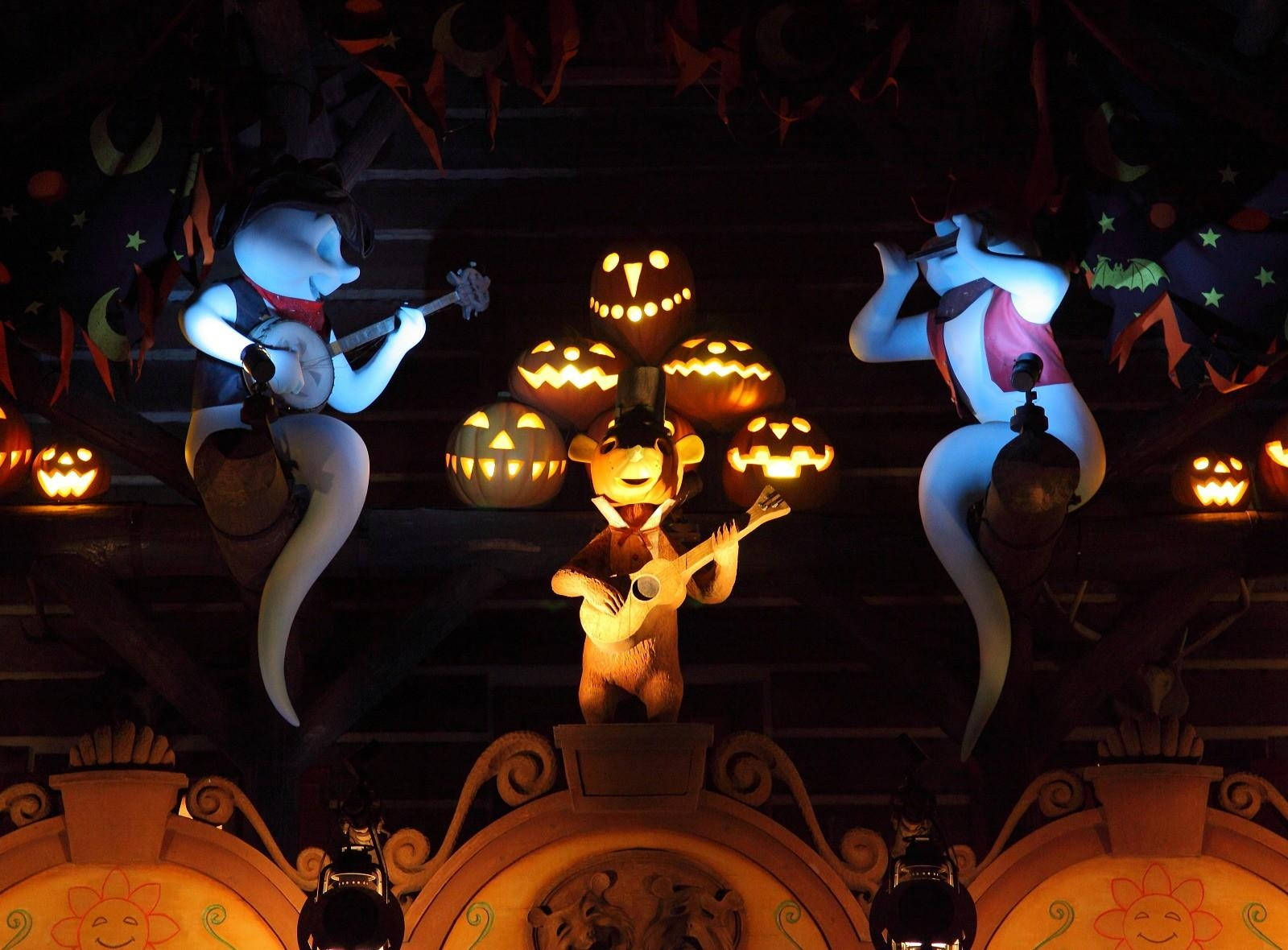 jack-o'-lantern musicians, guitars, dark canopy, HD Desktop Wallpaper