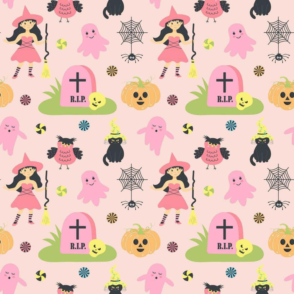 pastel halloween pattern, pink witches, ghosts, SD Desktop Wallpaper