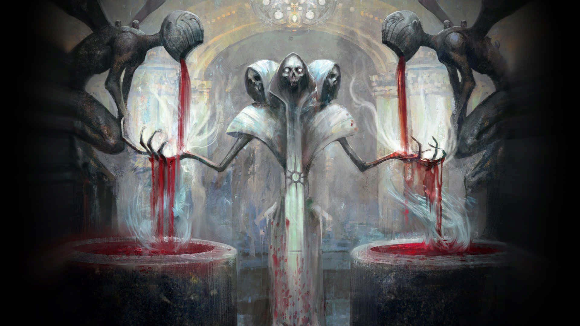 hooded skeletal figures, gothic cathedral, crimson liquid, Full HD Desktop Wallpaper