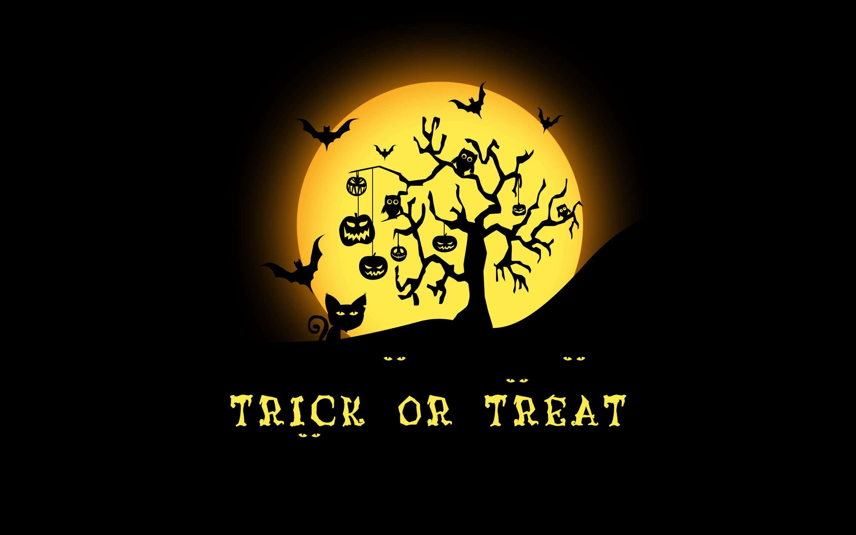 Halloween tree, jack-o-lanterns, bats, 2K Desktop Wallpaper