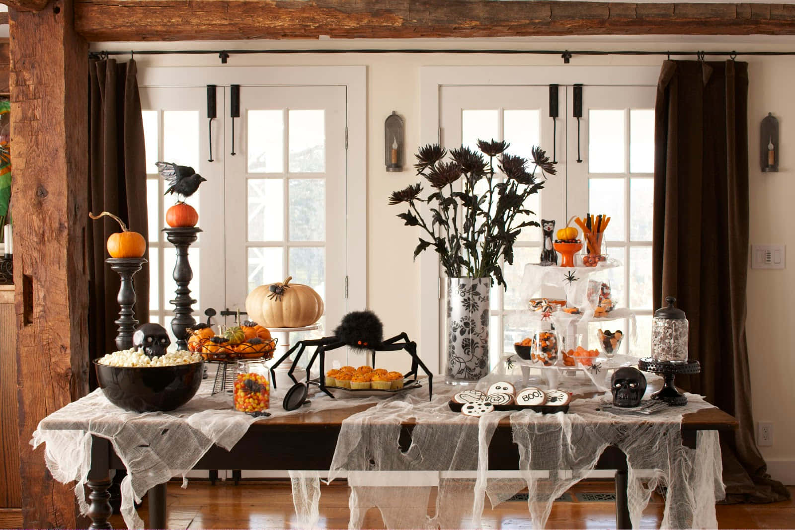 Halloween Crafts, rustic wooden table, ghostly white fabric, HD Desktop Wallpaper