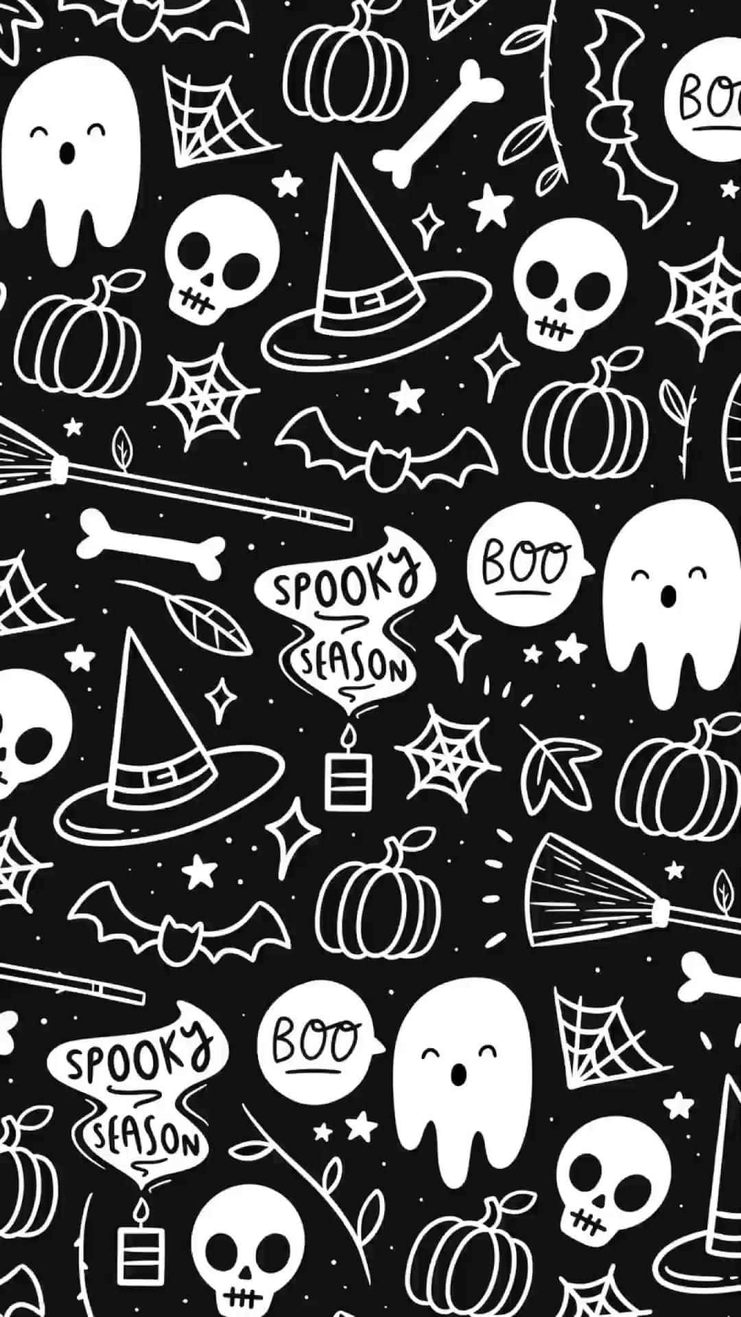 Halloween Pattern, black background, white chalk-style, Full HD Phone Wallpaper