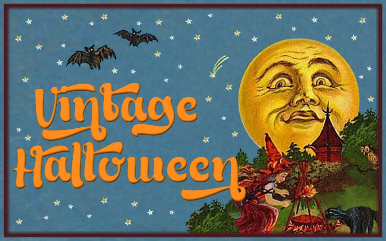 vintage Halloween poster, smiling moon, flying bats, HD Desktop Wallpaper