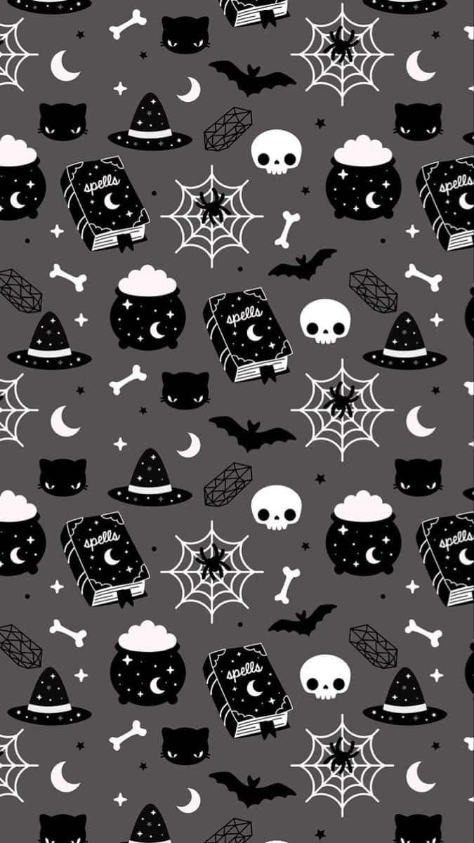 black and white, dark gray wallpaper, white cartoon witch hats, SD Phone Wallpaper