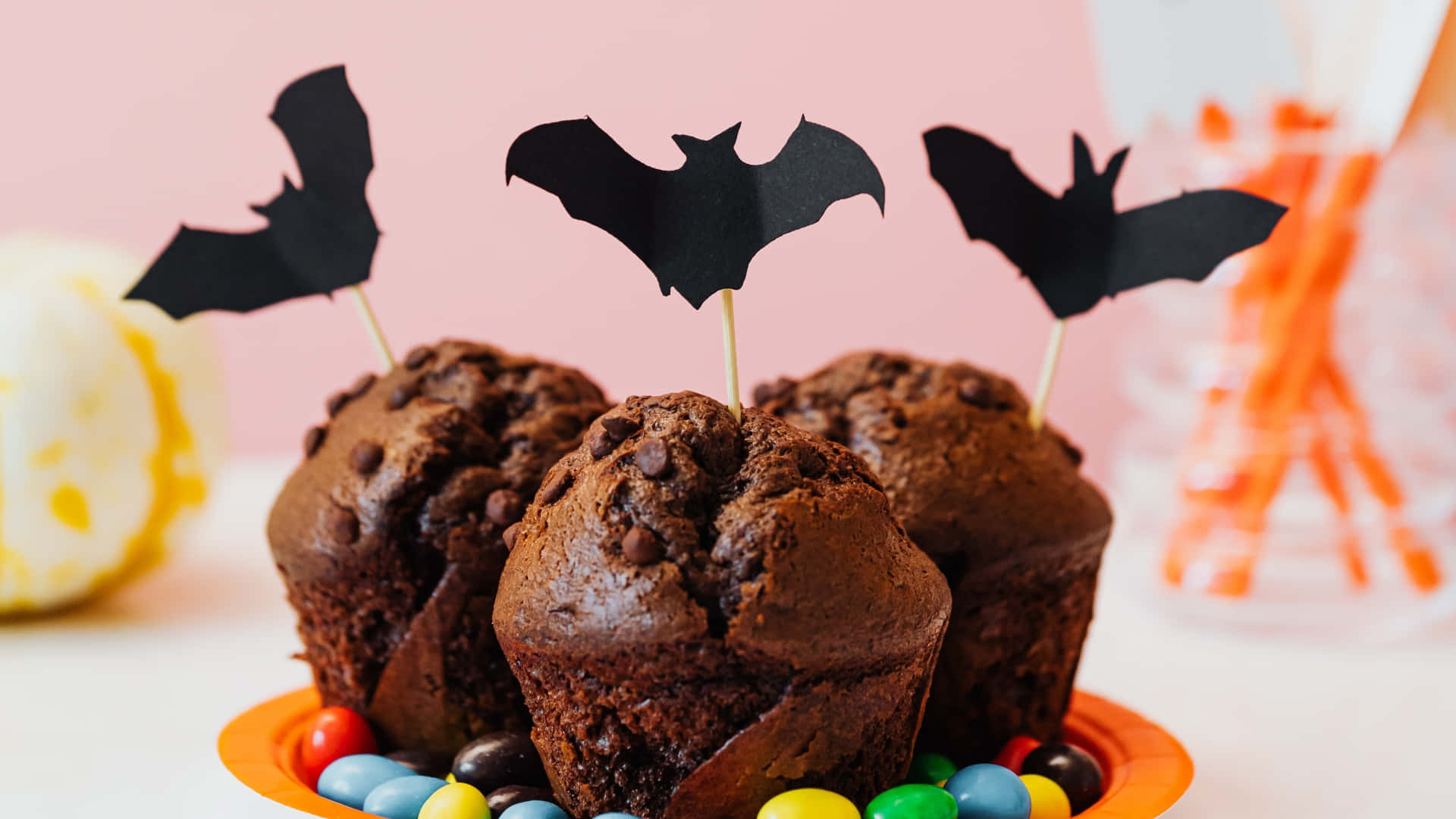 Halloween Cupcakes, chocolate chip muffins, black bat picks, Full HD Desktop Wallpaper