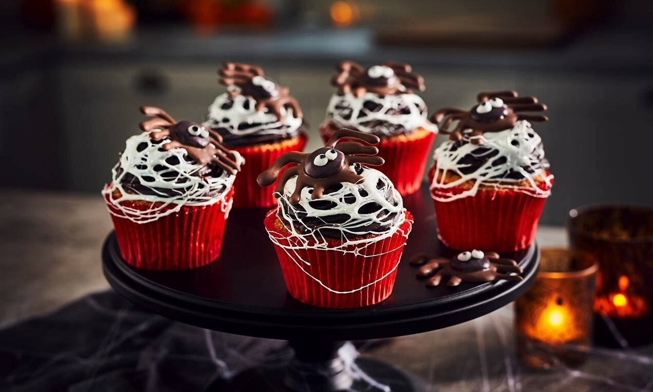 marshmallow spider web cupcakes, red cupcake liners, chocolate spiders, SD Desktop Wallpaper