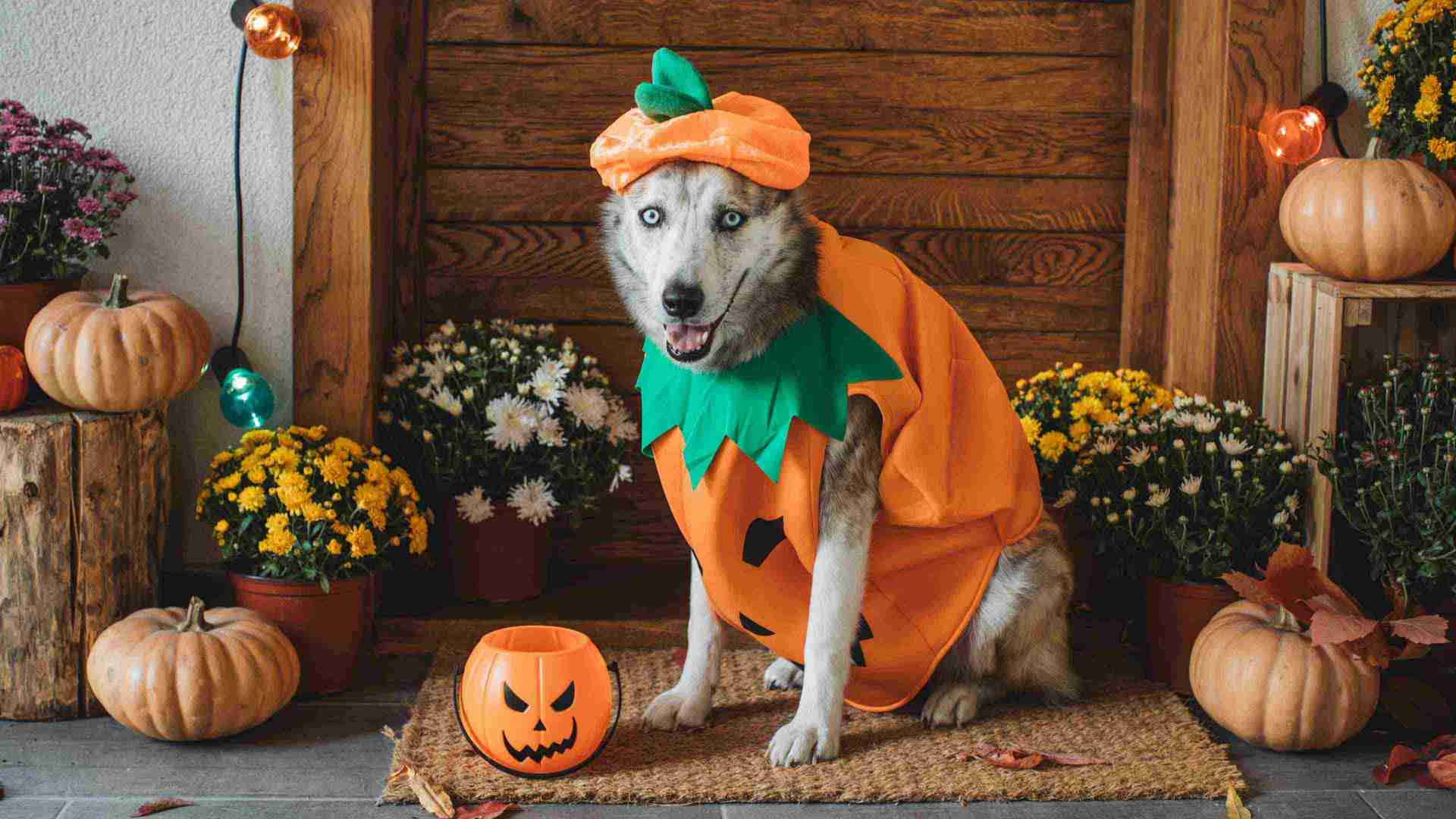 husky dog, pumpkin costume, autumn decorations, Full HD Desktop Wallpaper