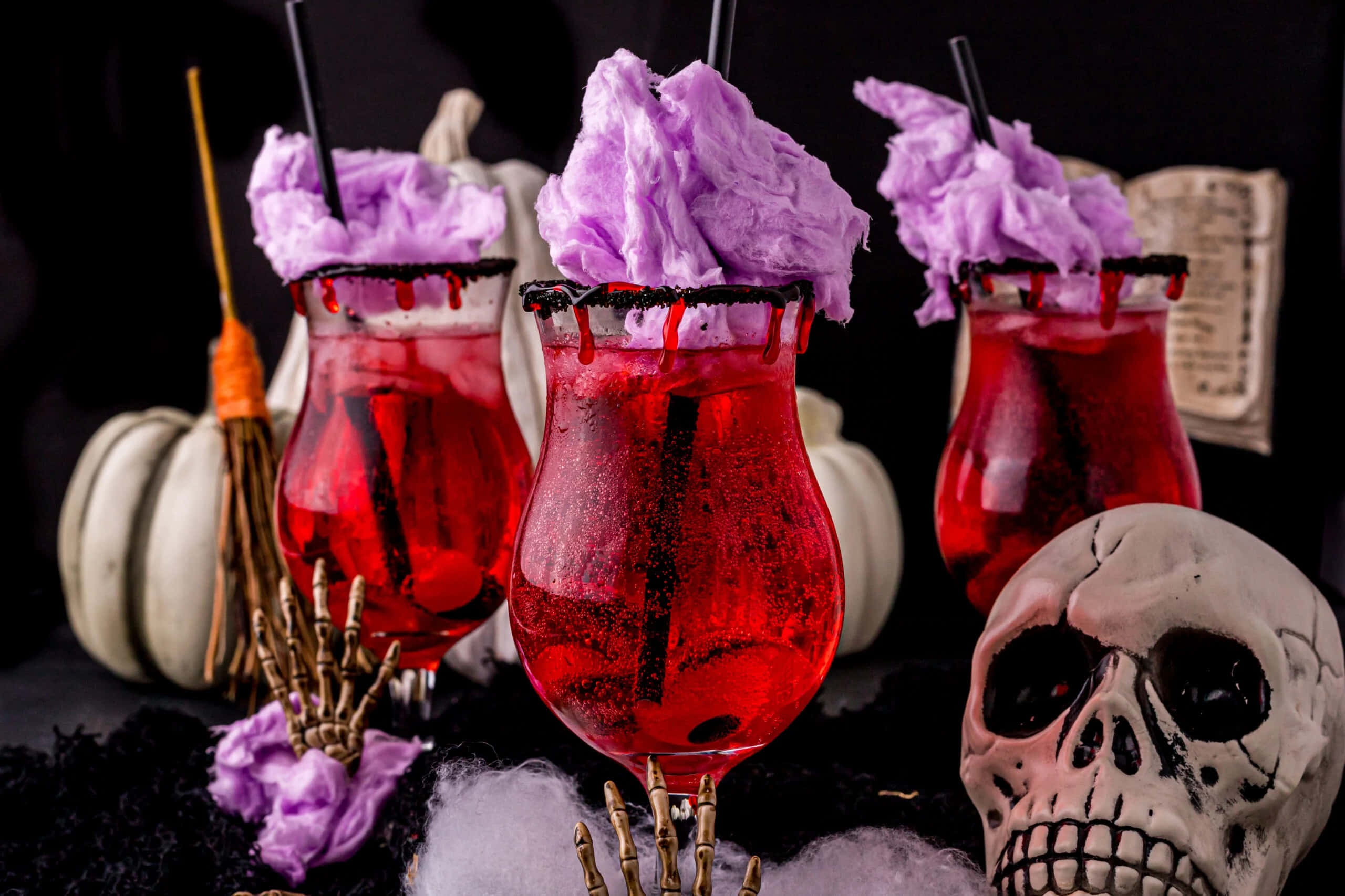 Halloween Drinks, red Halloween cocktails, purple cotton candy, 2K Desktop Wallpaper