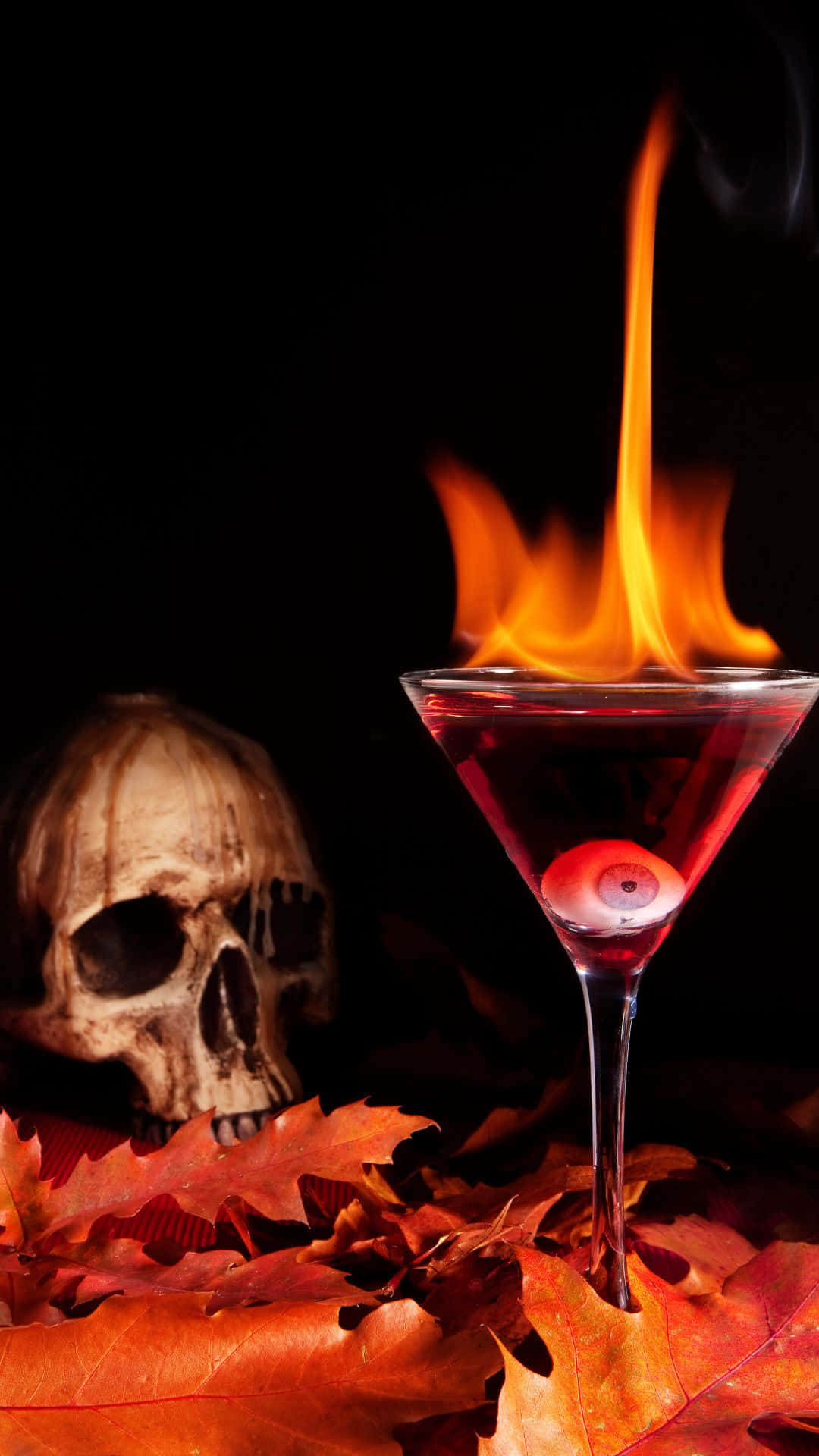 flaming red cocktail, eyeball garnish, autumn leaves, Full HD Phone Wallpaper
