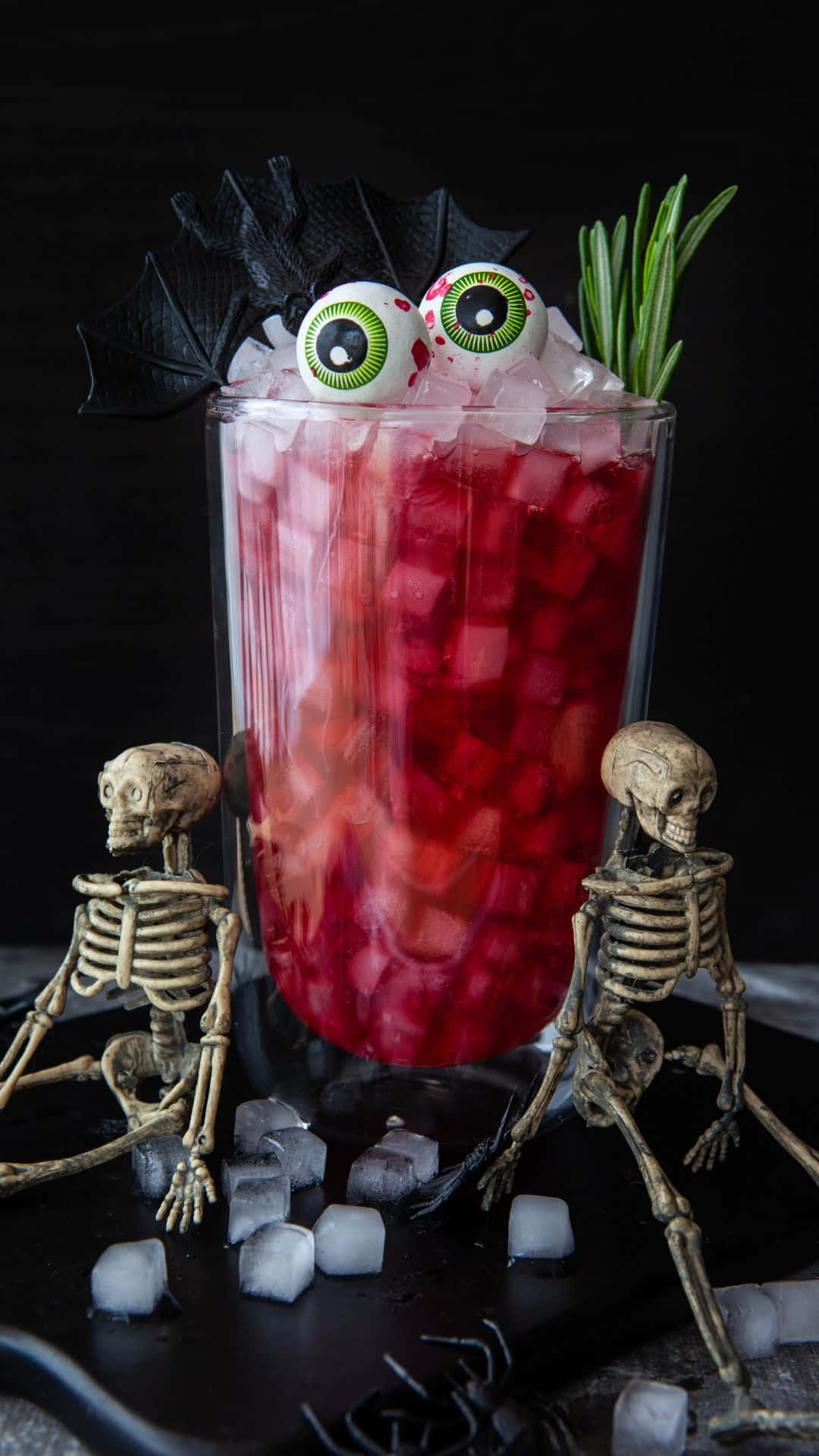 spooky cocktails, red cocktail, googly eyes bat wings, Full HD Phone Wallpaper