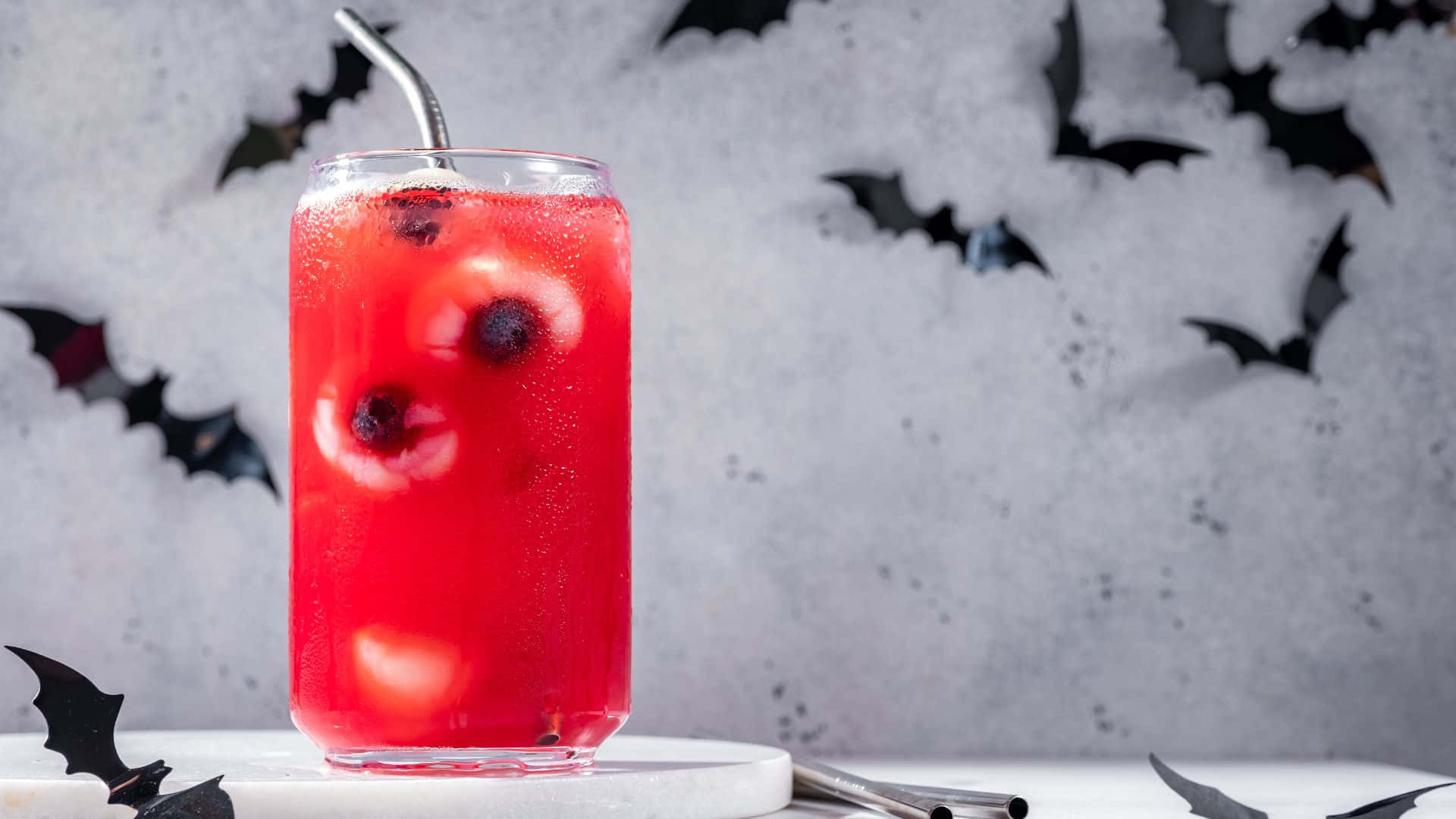 spooky cocktails, vibrant red Halloween cocktail, floating berries, Full HD Desktop Wallpaper