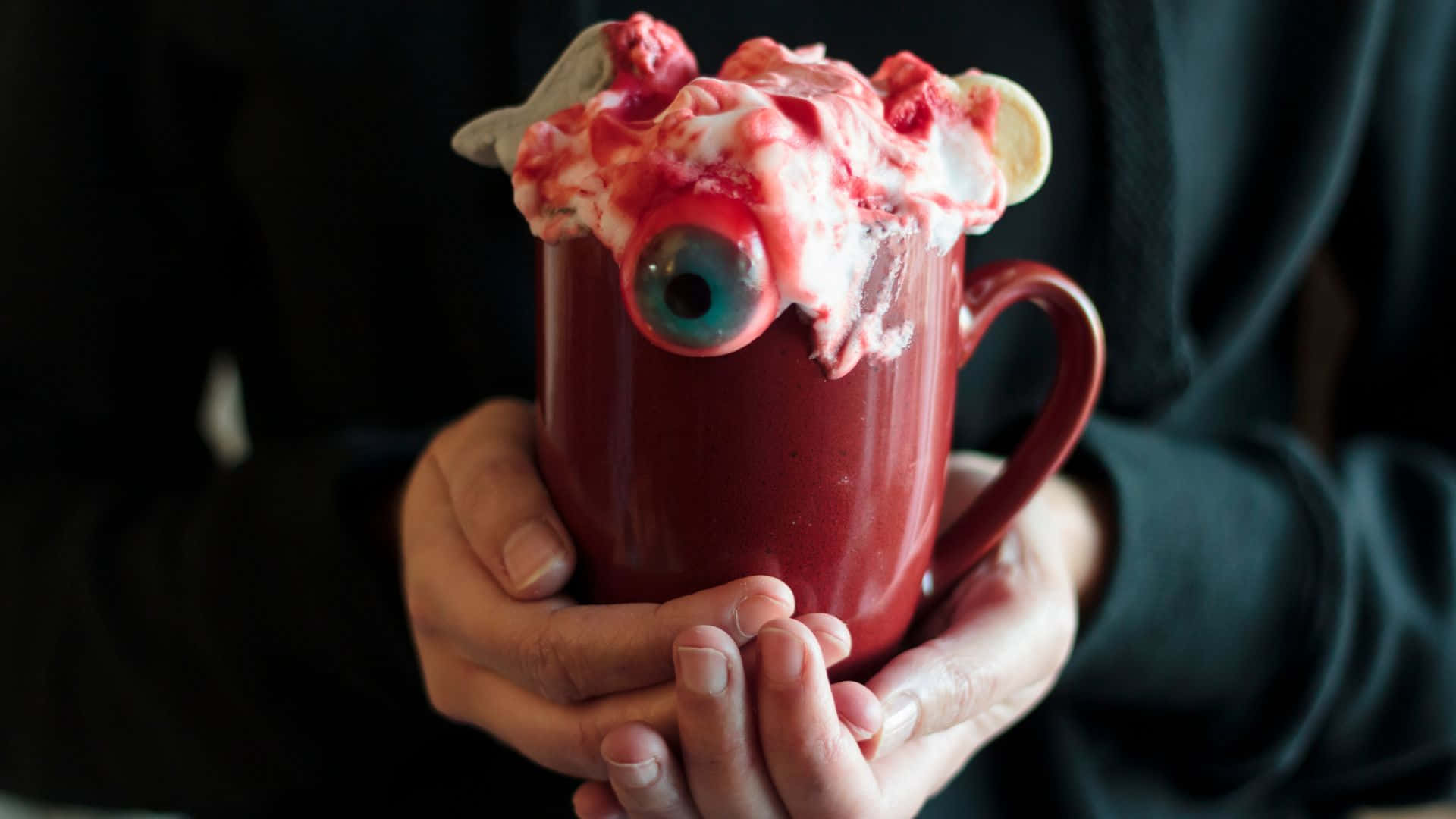 Halloween Drinks, red mug, whipped cream, Full HD Desktop Wallpaper