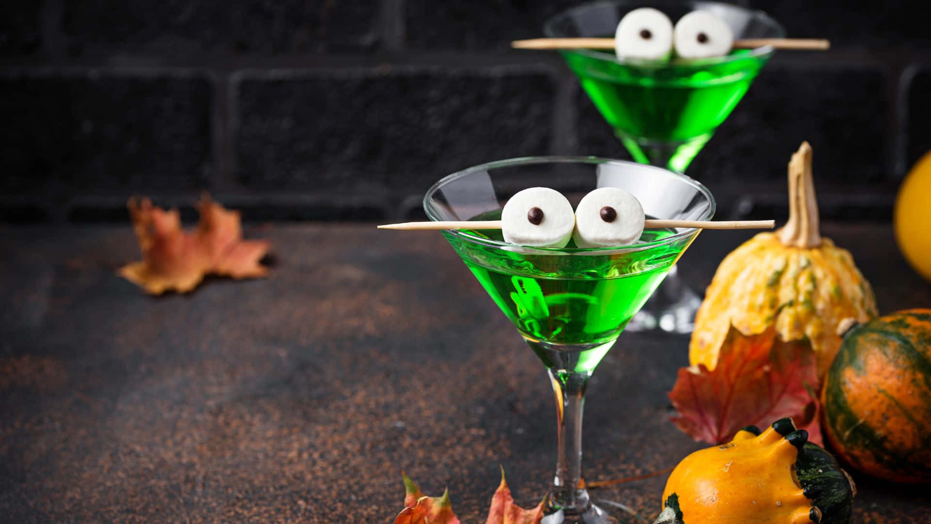 spooky cocktails, green Halloween cocktails, marshmallow eyes, Full HD Desktop Wallpaper