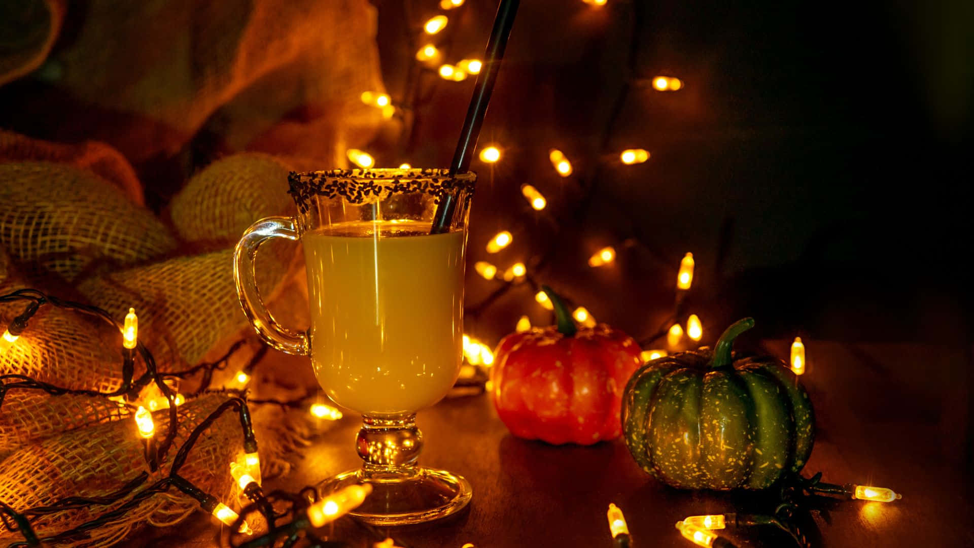 spiced cider, pumpkins, fairy lights, Full HD Desktop Wallpaper