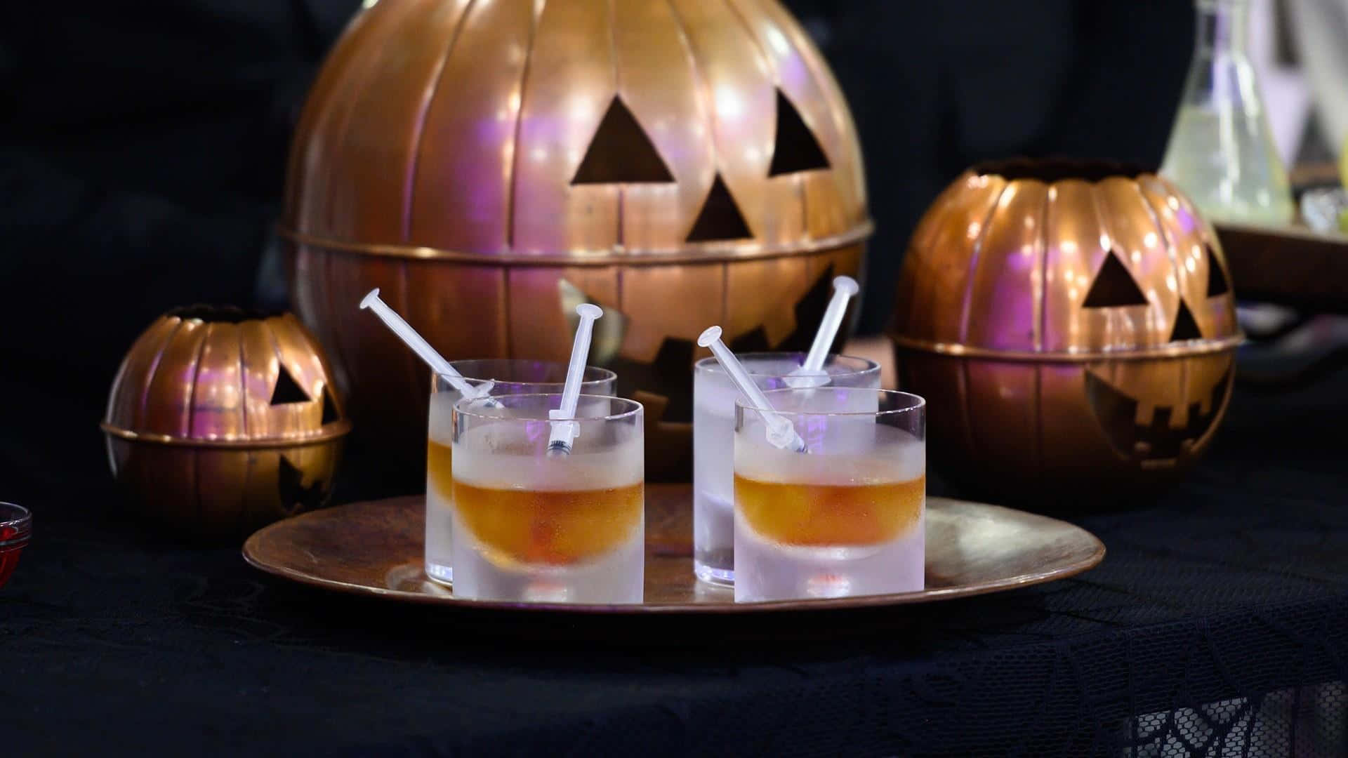 spooky cocktails, copper tray, metallic jack-o-lanterns, Full HD Desktop Wallpaper