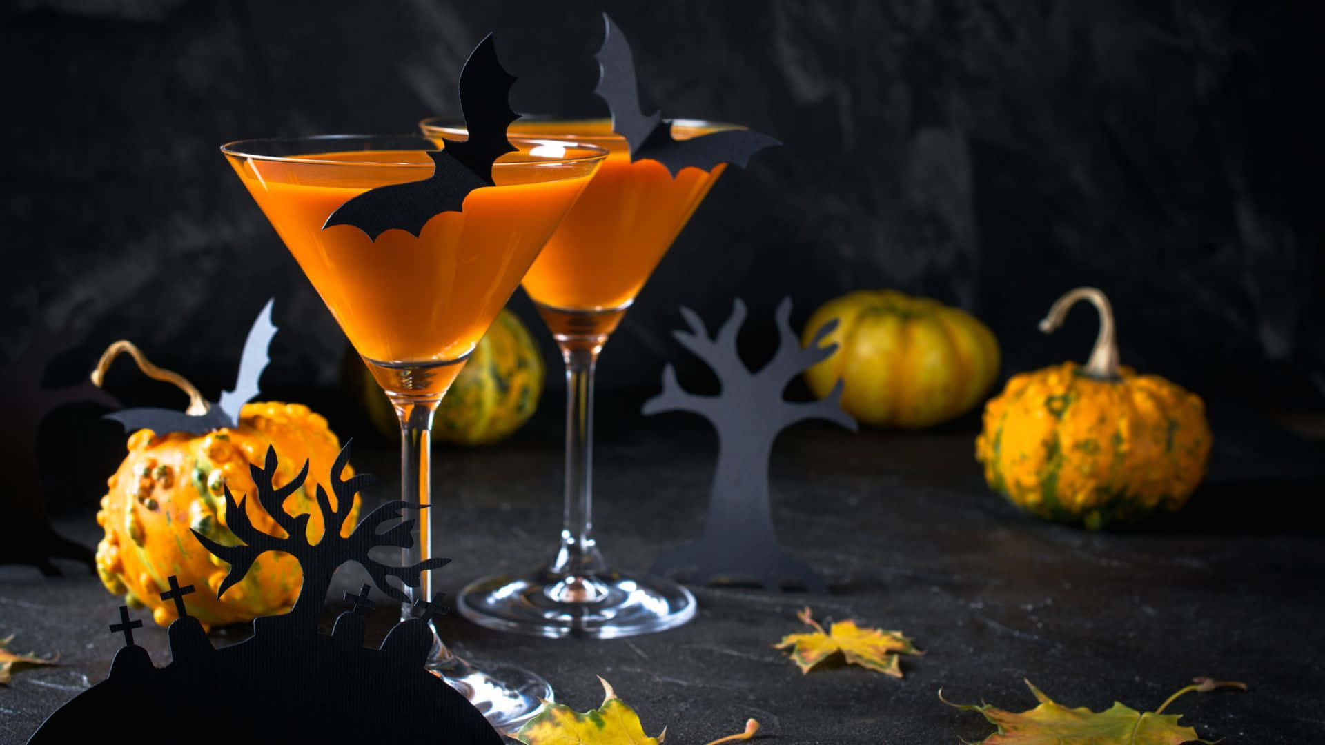 Spooky Cocktails, orange Halloween cocktails, bat silhouettes, Full HD Desktop Wallpaper