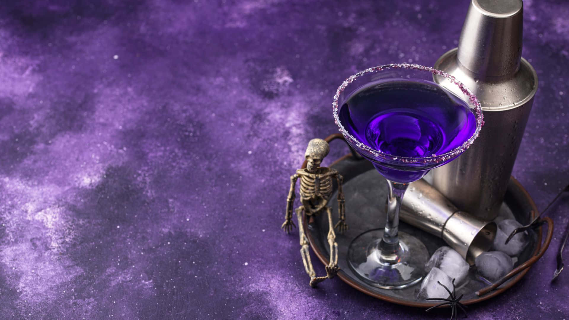 spooky cocktails, miniature skeleton, vibrant purple cocktail, Full HD Desktop Wallpaper