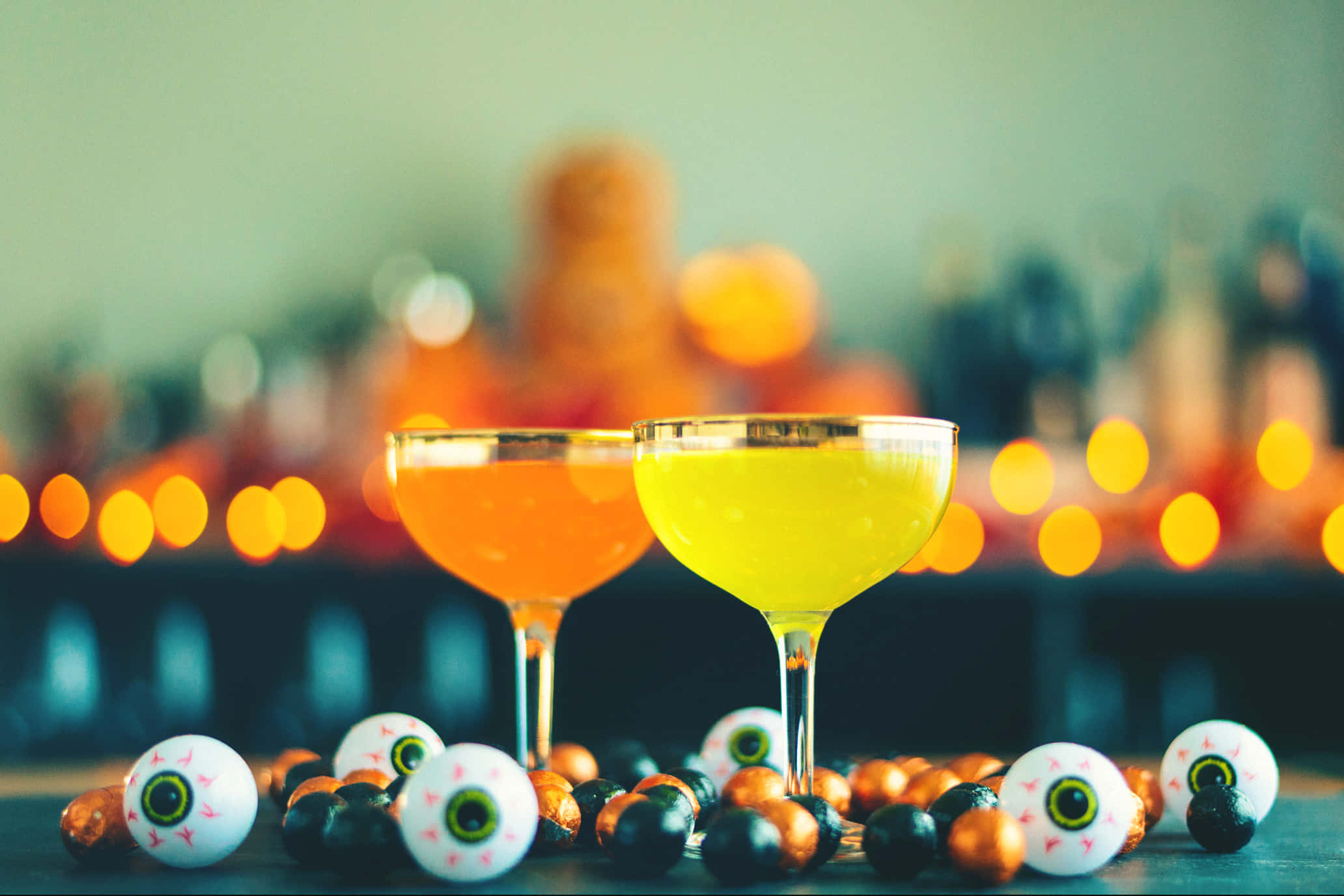 spooky cocktails 2064, Halloween-themed bar, vibrant orange, Full HD Desktop Wallpaper