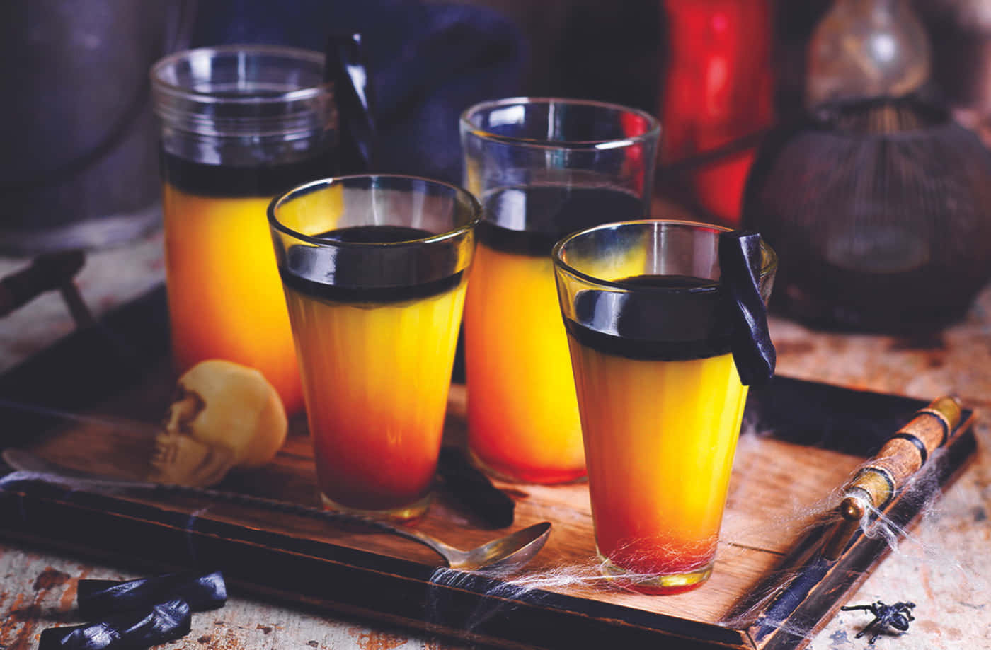 Halloween Cocktails, orange and black drink, rustic wooden tray, HD Desktop Wallpaper