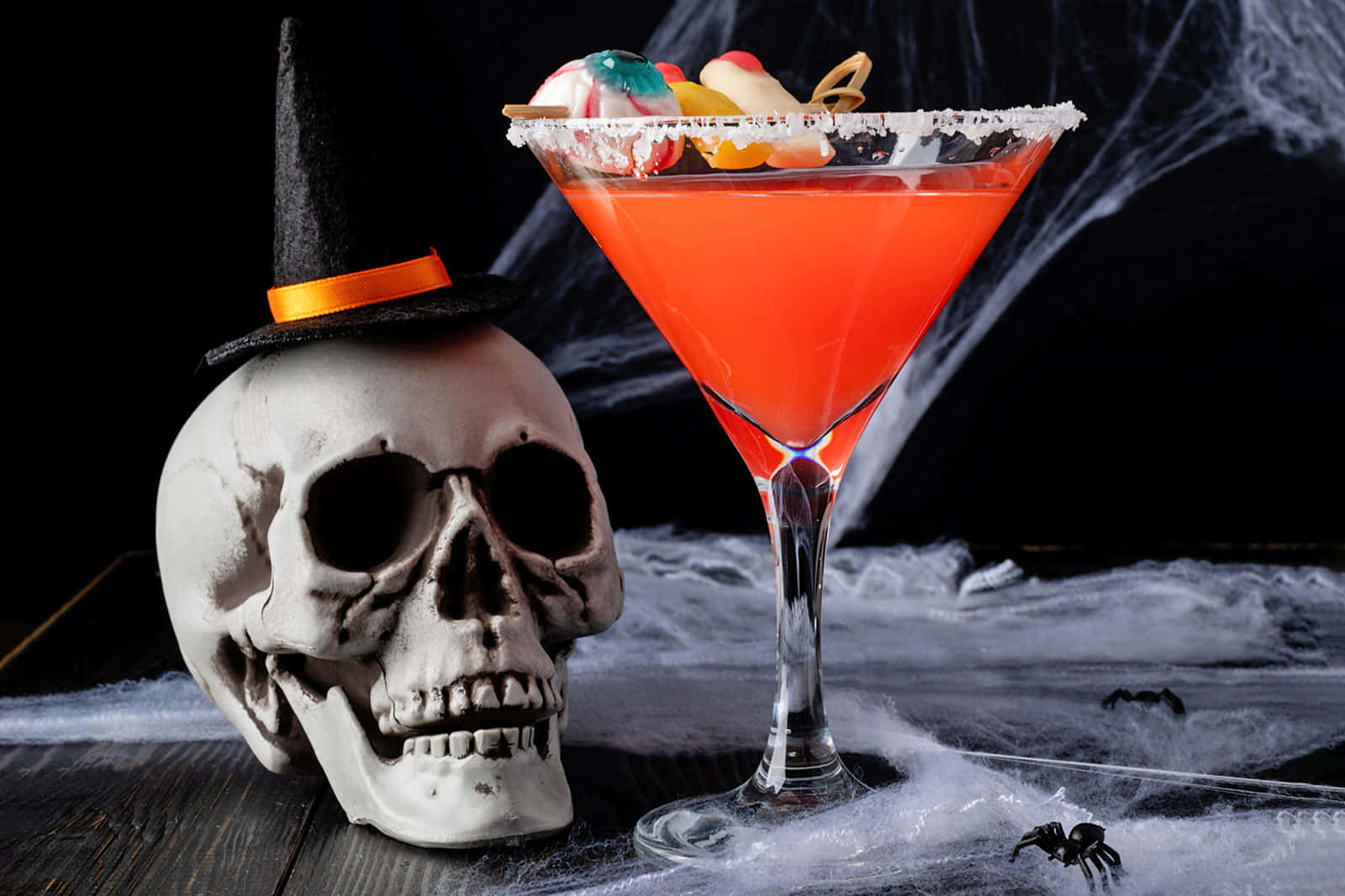 Halloween cocktail, martini glass, skull wearing a witch hat, HD Desktop Wallpaper
