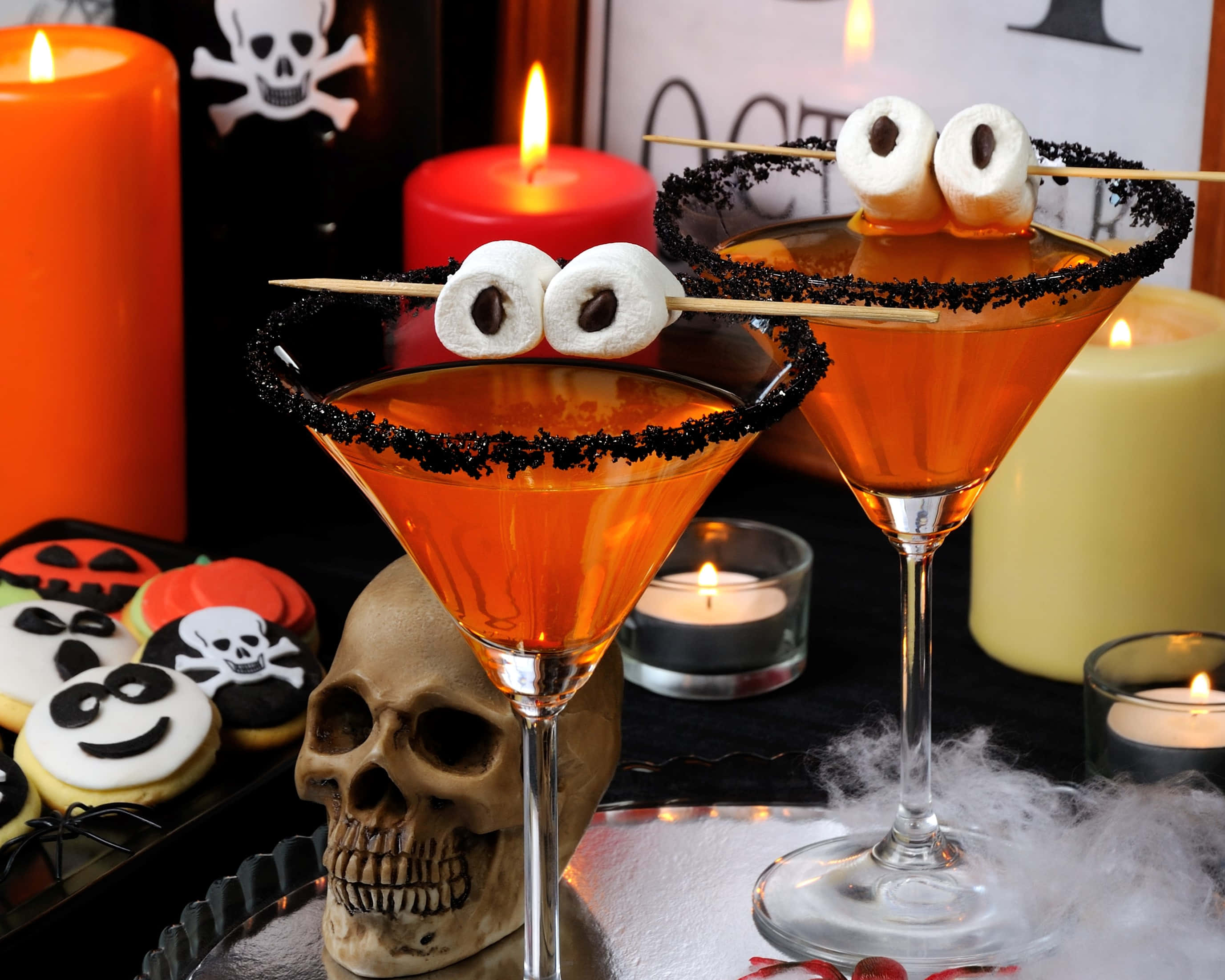 Halloween cocktails, orange Halloween cocktails, marshmallow eyes, 2K Desktop Wallpaper