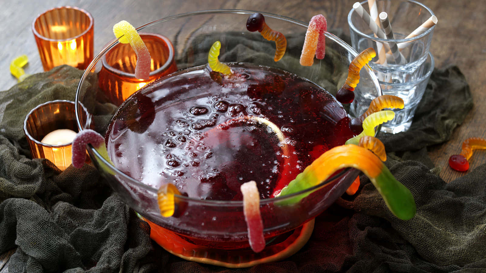 Halloween cocktails, dark red punch, gummy worms, HD Desktop Wallpaper