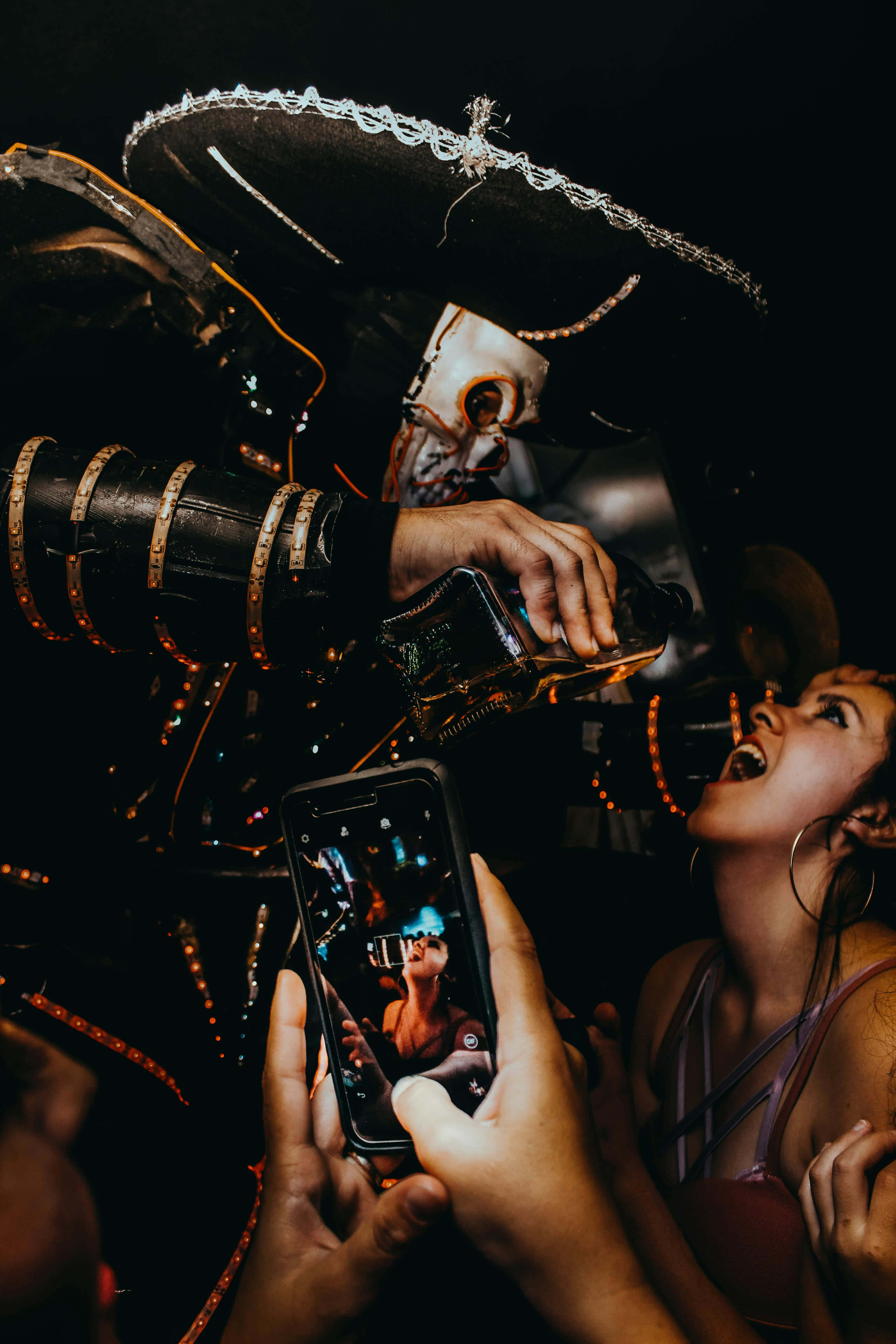 skull mask, wide-brimmed hat, smartphone, 5K Phone Wallpaper
