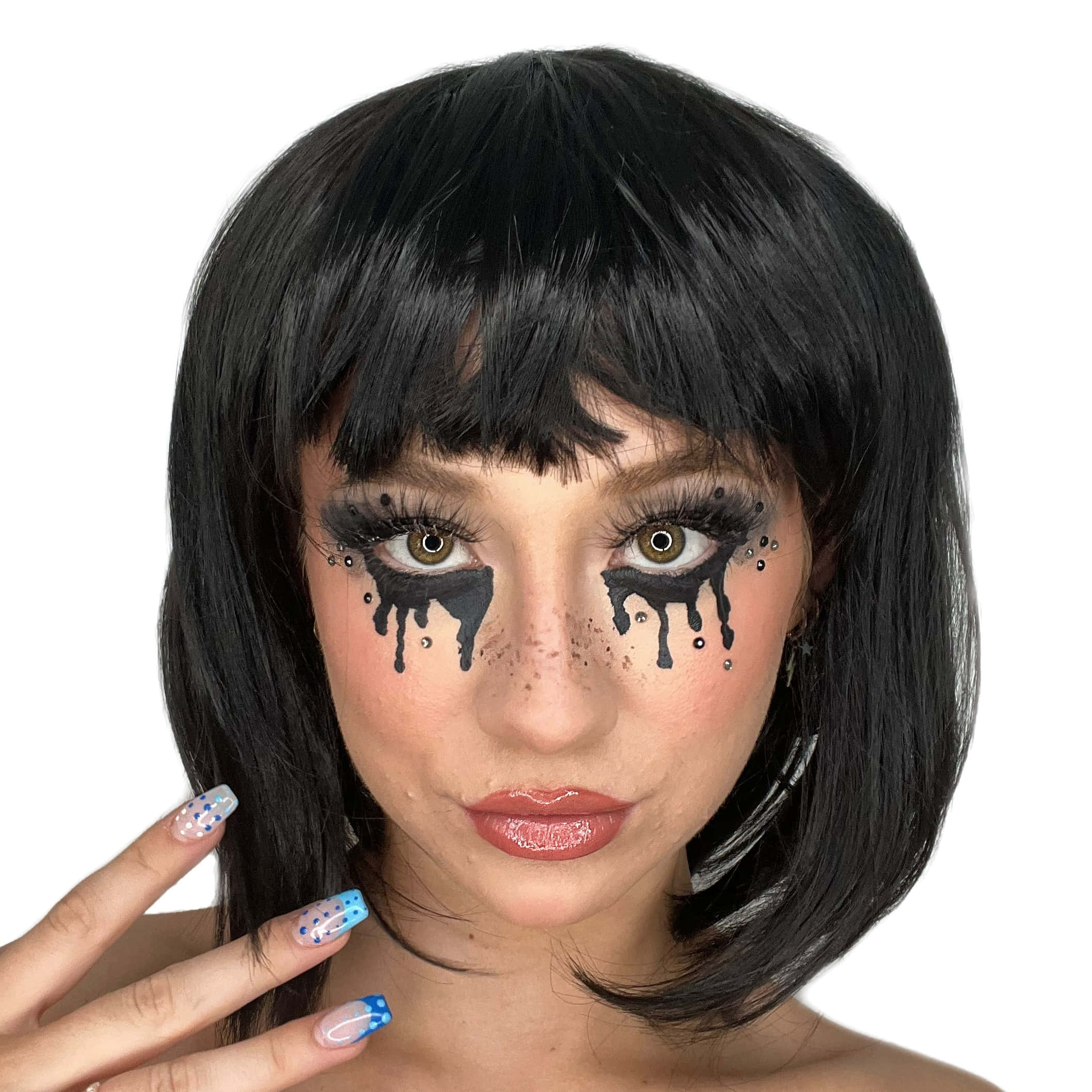 Halloween Face Paint, black bob wig, dramatic dripping black eye makeup, Full HD Phone Wallpaper