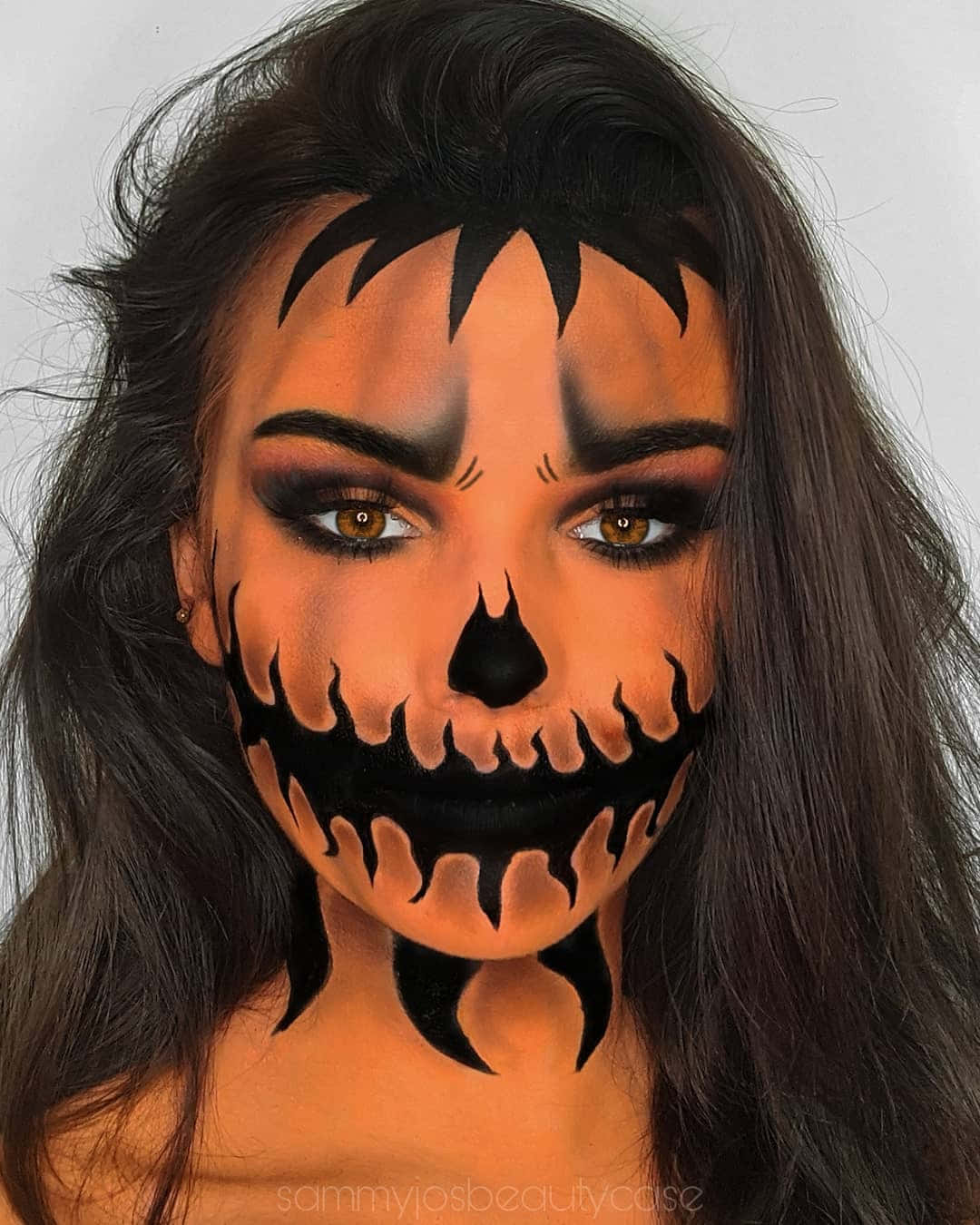Halloween skull makeup, orange and black flames, woman with dark hair, HD Phone Wallpaper